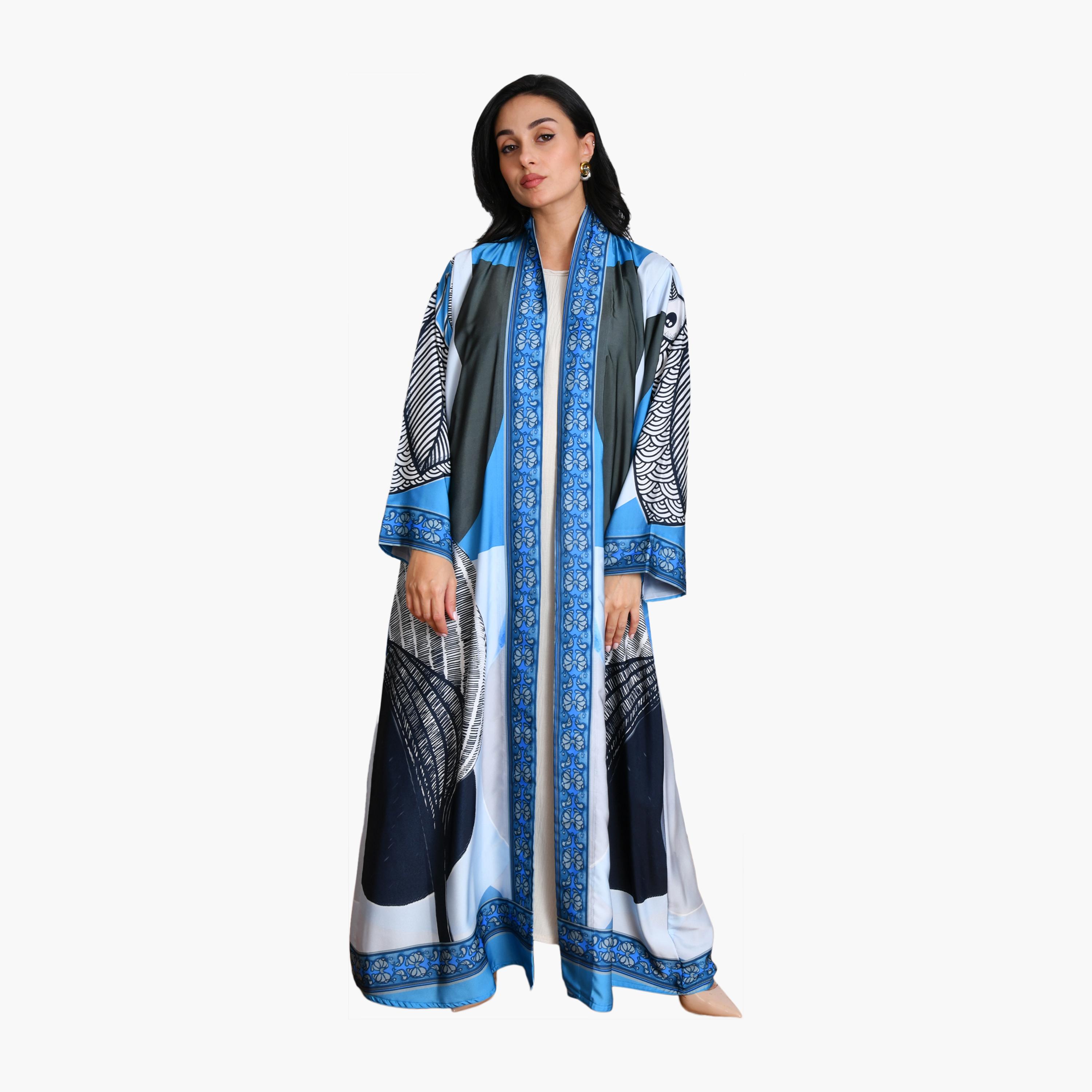 عباية سوداء بطبعة تجريدية وأكمام واسعة من الحرير للنساء مع حجاب من أويا عباية-women-arabicclothing-abayas-image-1