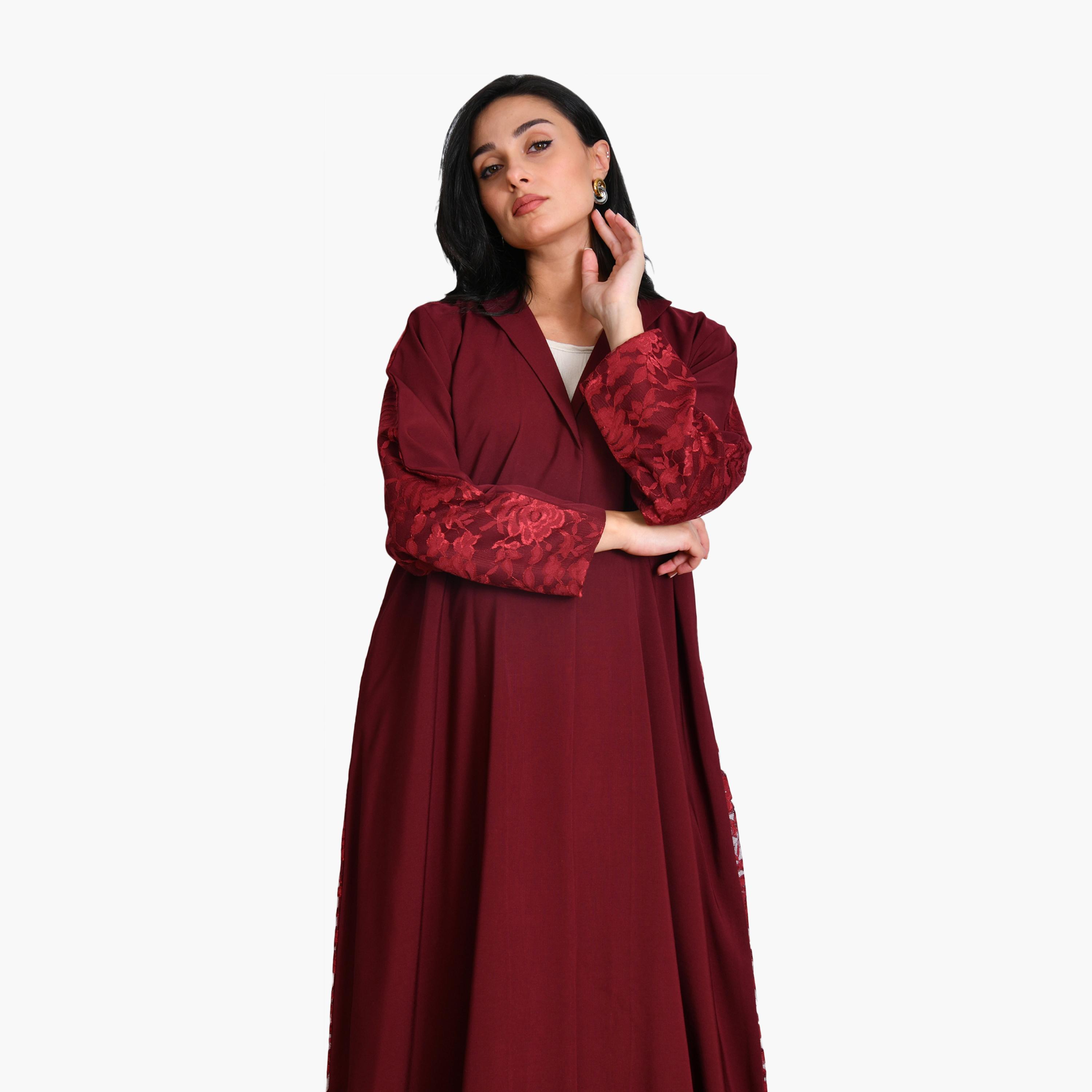 عباية كستنائي محمر مزينة بالدانتيل الزهري ياقة طية سترة كريب للنساء بتصميم معطف مع حجاب من أويا عباية-women-arabicclothing-abayas-image-2