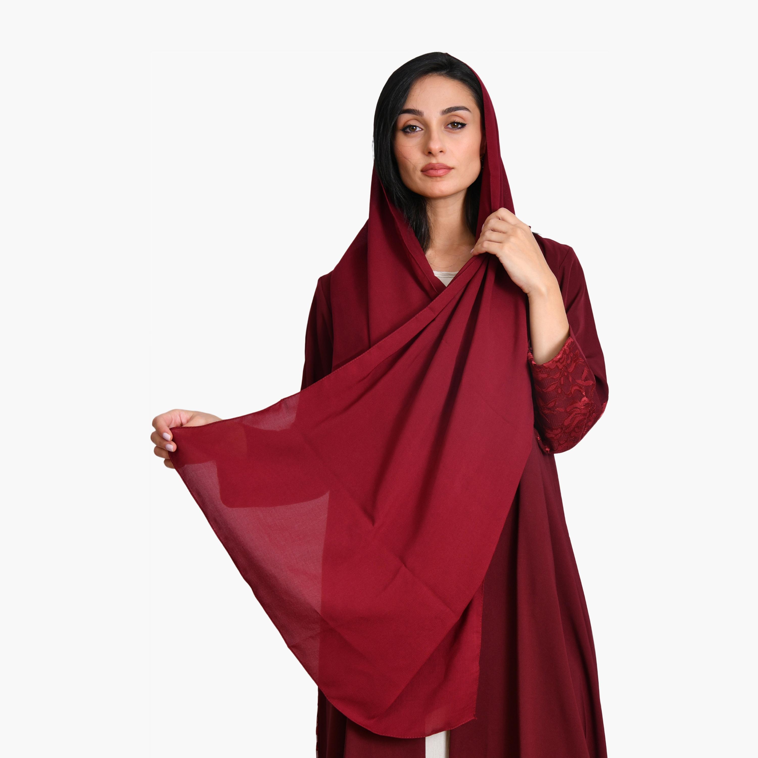 عباية كستنائي محمر مزينة بالدانتيل الزهري ياقة طية سترة كريب للنساء بتصميم معطف مع حجاب من أويا عباية-women-arabicclothing-abayas-image-4