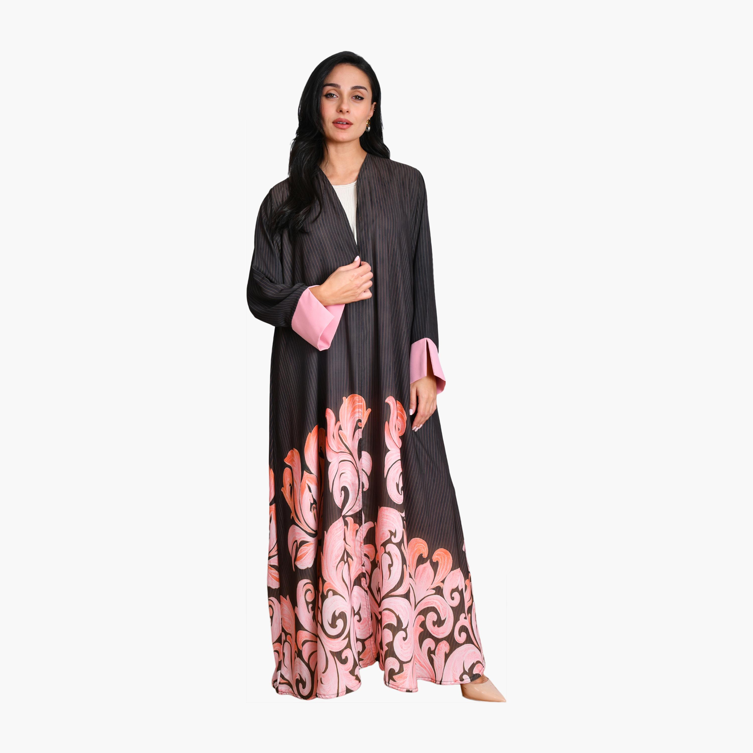 عباية سوداء مخططة ومطبوعة بالباروك من الشيفون للنساء مع حجاب من أويا عباية-women-arabicclothing-abayas-image-1
