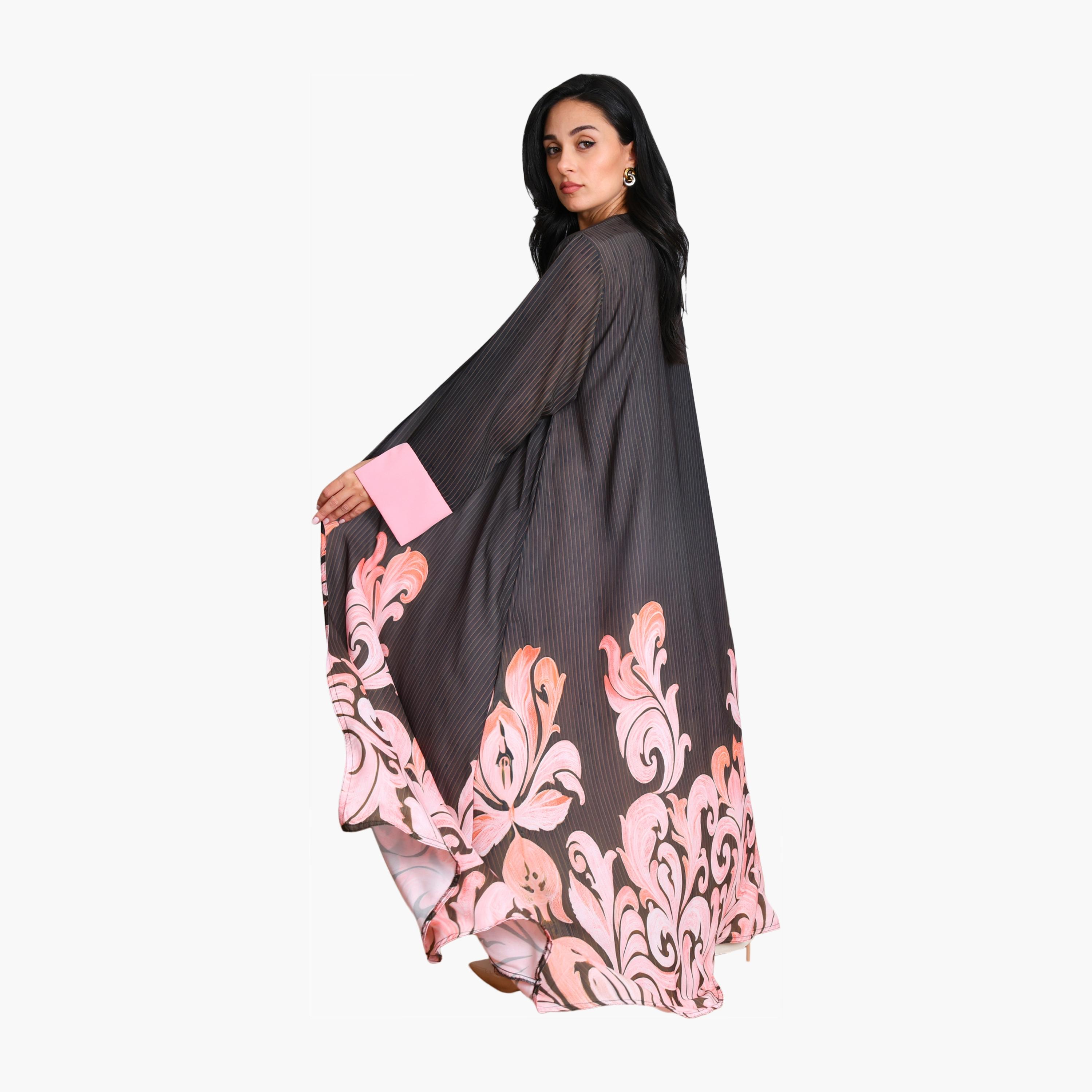 عباية سوداء مخططة ومطبوعة بالباروك من الشيفون للنساء مع حجاب من أويا عباية-women-arabicclothing-abayas-image-5