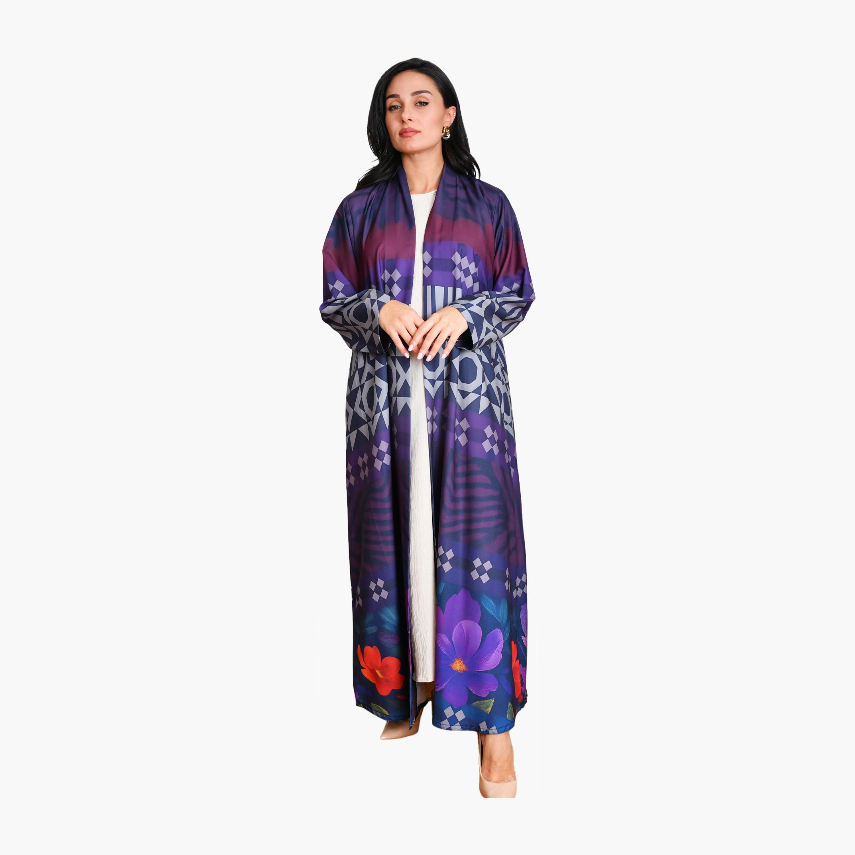 Oya Abaya Multicolour Floral & Geometric Print Chiffon Women's Quarter-Cloche Abaya with Hijab-women-arabicclothing-abayas-image-1