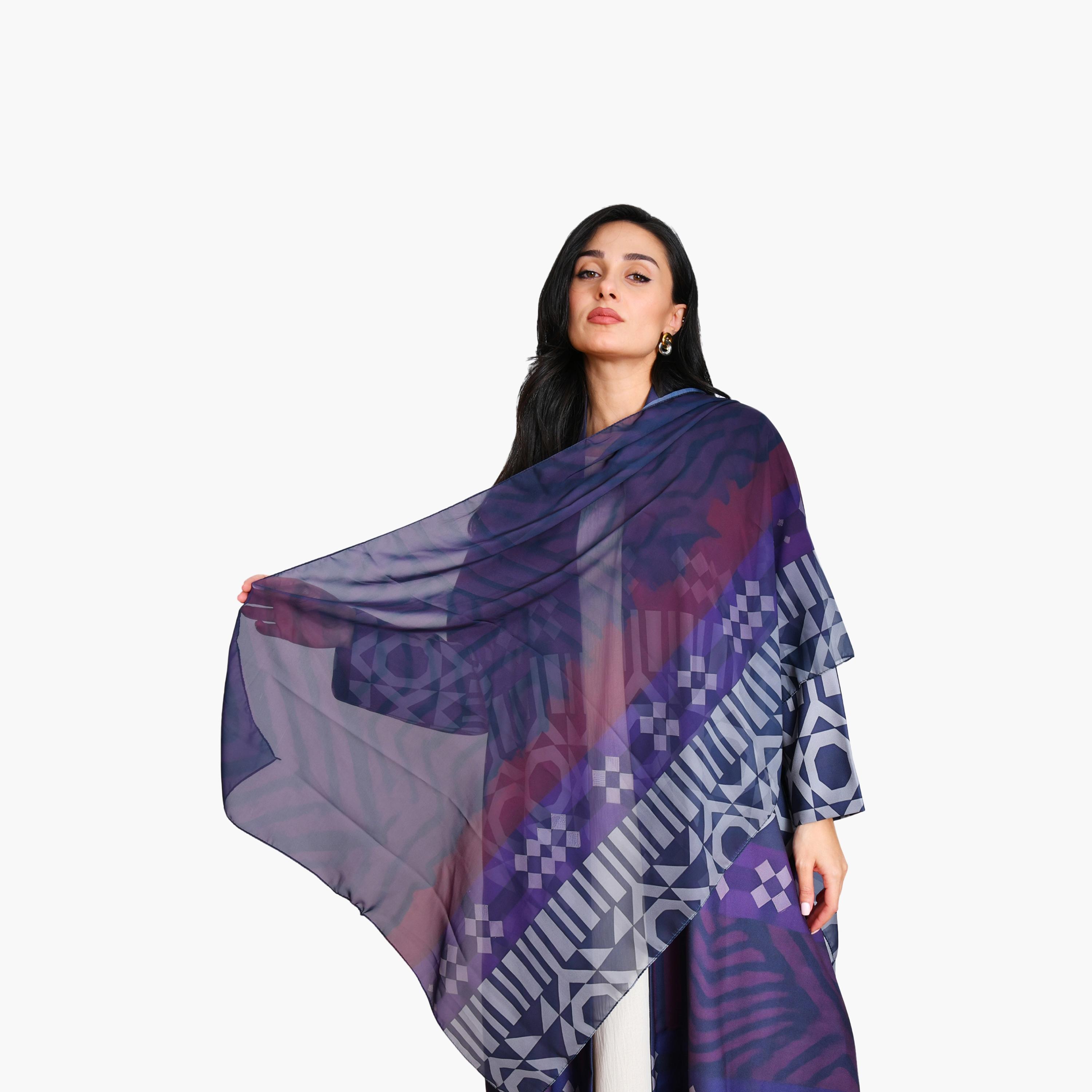 Oya Abaya Multicolour Floral & Geometric Print Chiffon Women's Quarter-Cloche Abaya with Hijab-women-arabicclothing-abayas-image-2