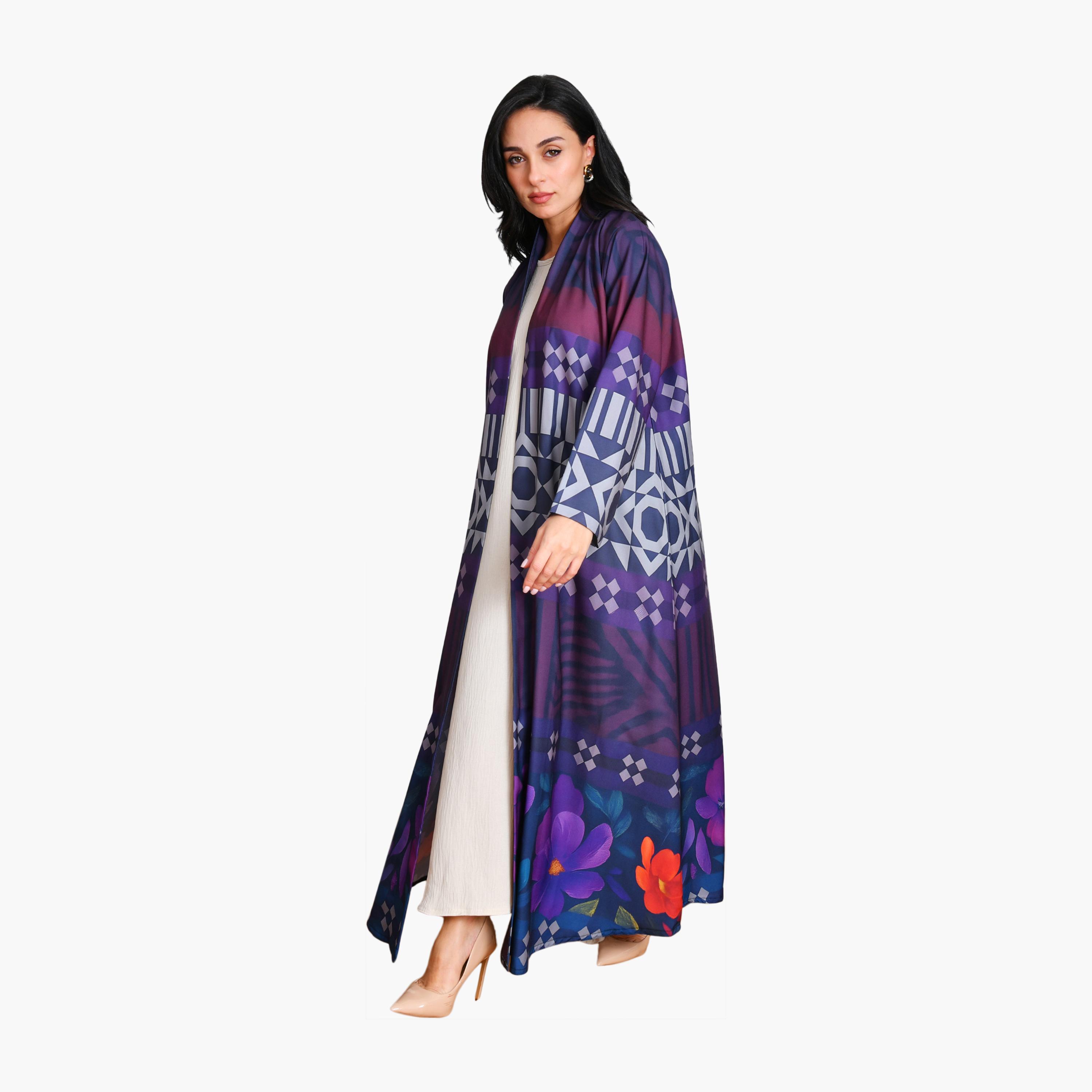 Oya Abaya Multicolour Floral & Geometric Print Chiffon Women's Quarter-Cloche Abaya with Hijab-women-arabicclothing-abayas-image-4