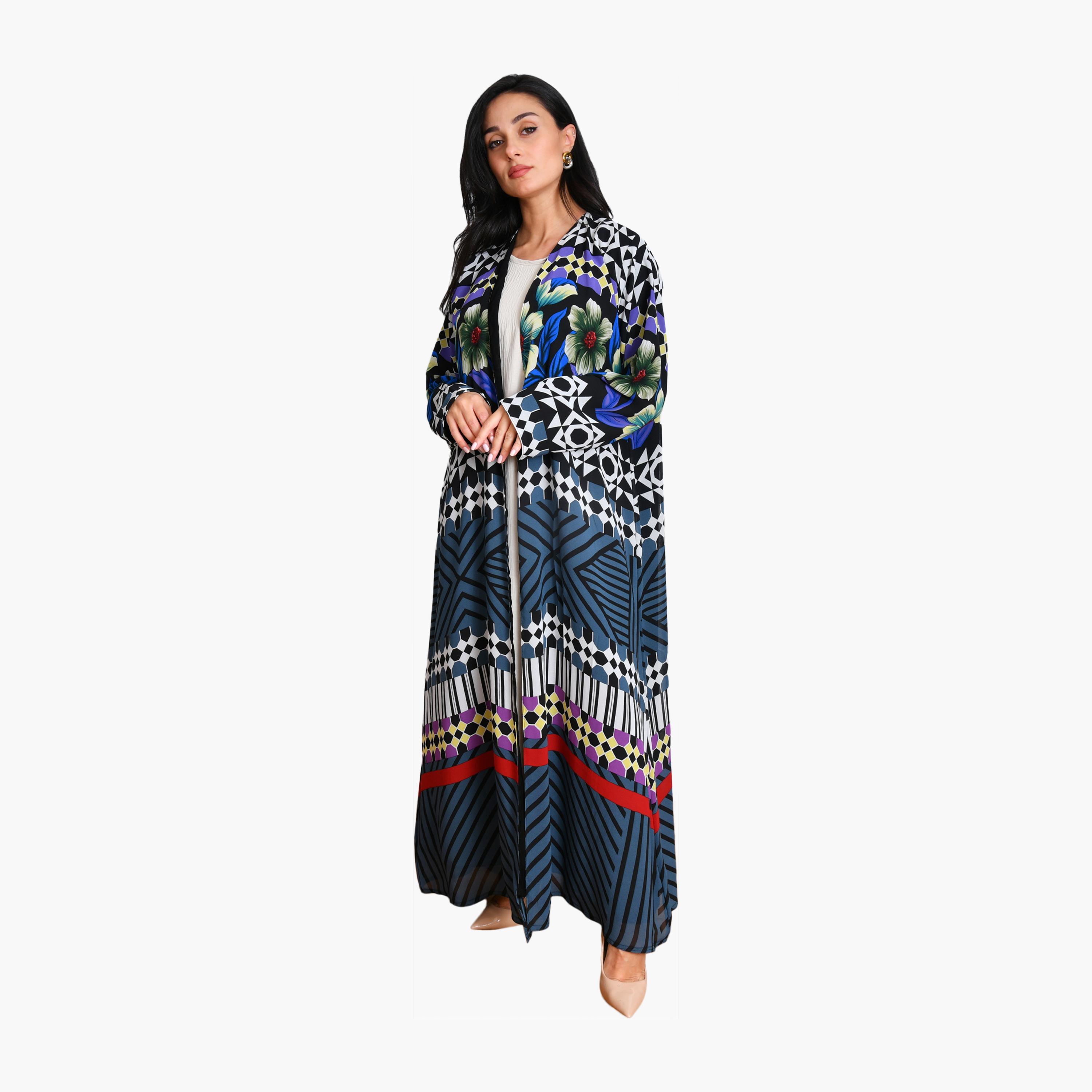 عباية شيفون بطبعة زهور وهندسية للنساء ربع كلوش مع حجاب من أويا عباية-women-arabicclothing-abayas-image-1