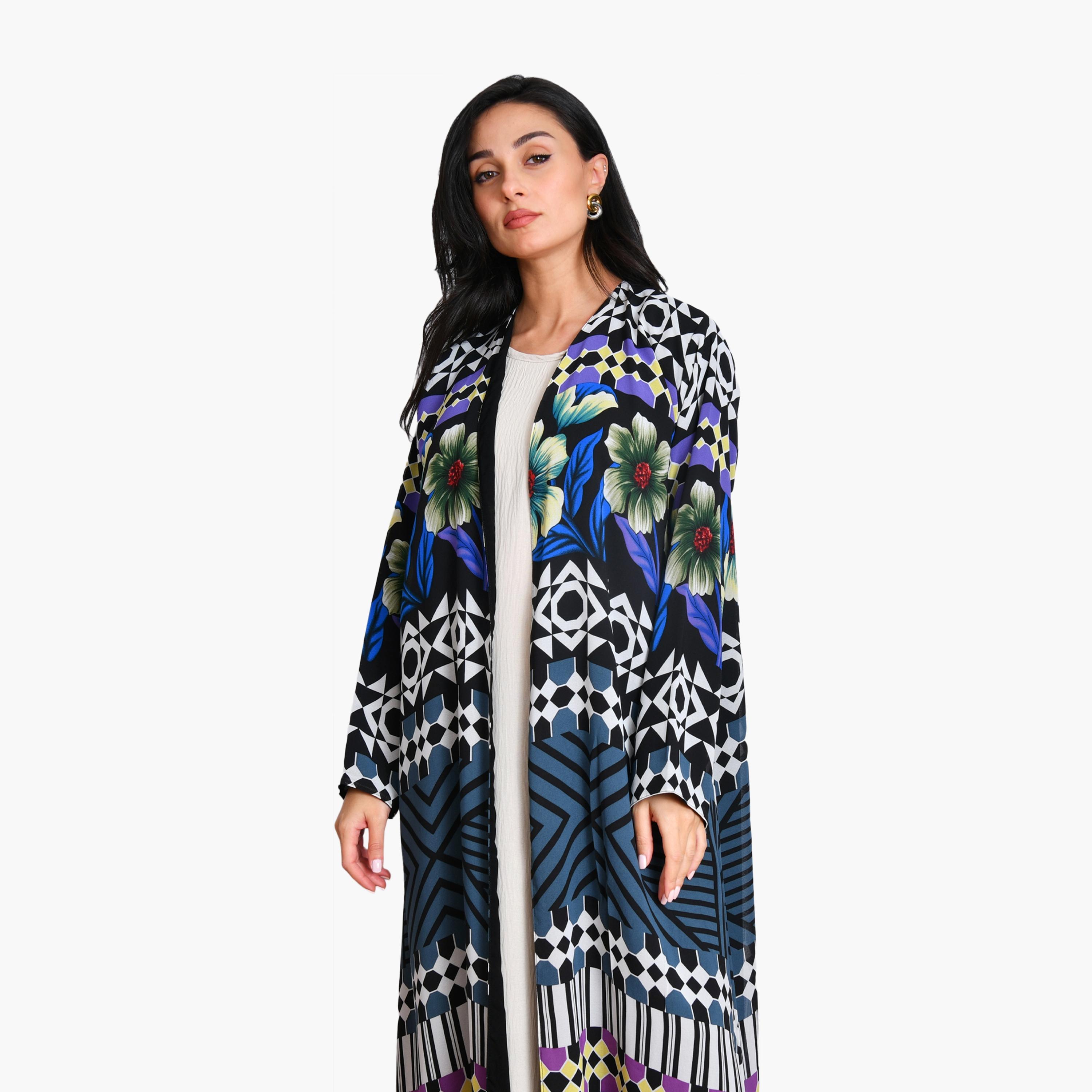 عباية شيفون بطبعة زهور وهندسية للنساء ربع كلوش مع حجاب من أويا عباية-women-arabicclothing-abayas-image-2
