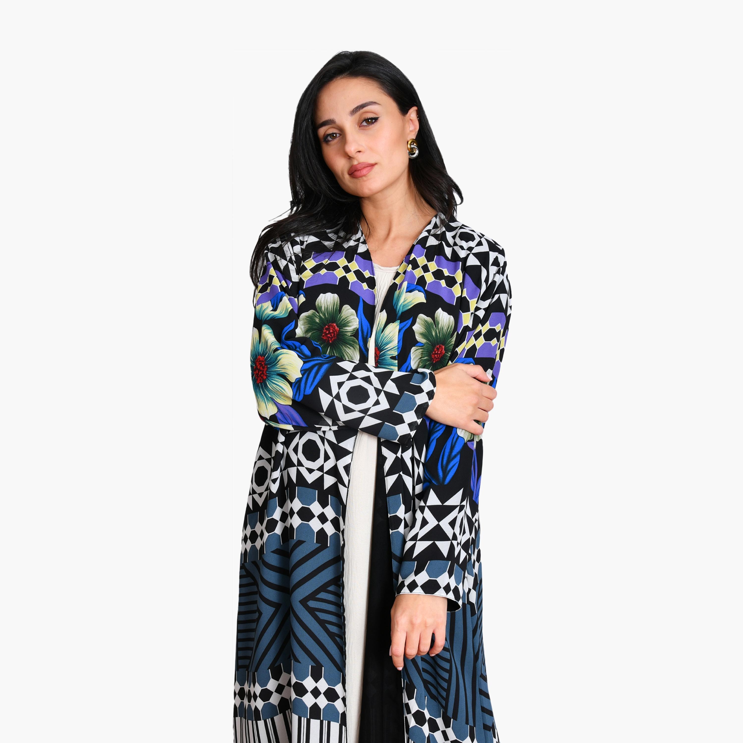 عباية شيفون بطبعة زهور وهندسية للنساء ربع كلوش مع حجاب من أويا عباية-women-arabicclothing-abayas-image-3