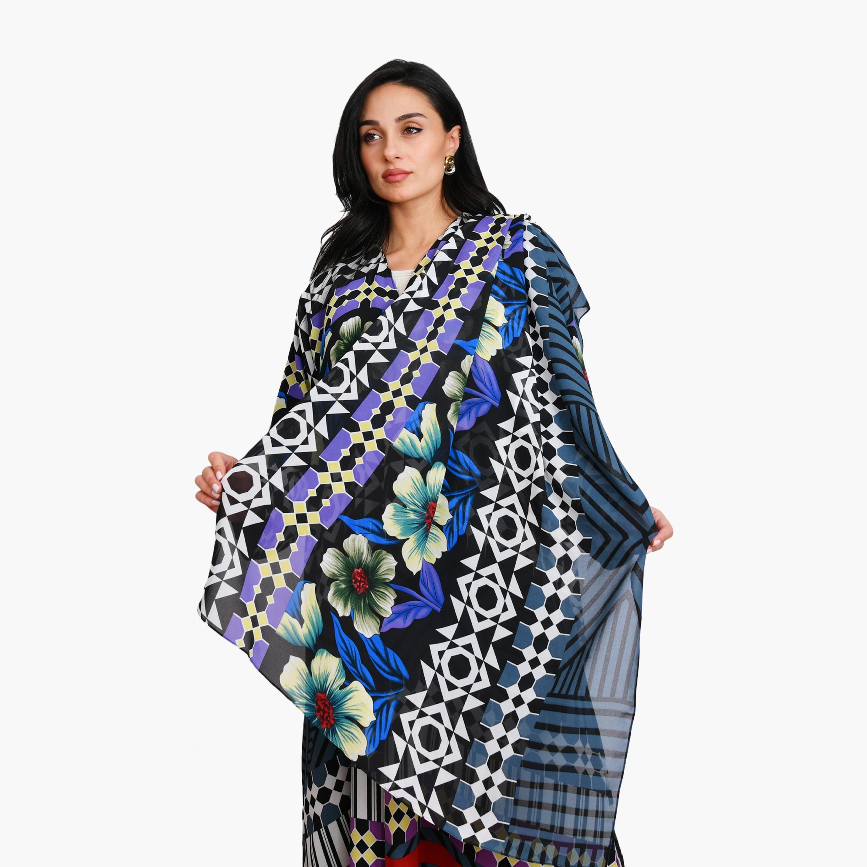 عباية شيفون بطبعة زهور وهندسية للنساء ربع كلوش مع حجاب من أويا عباية-women-arabicclothing-abayas-image-4