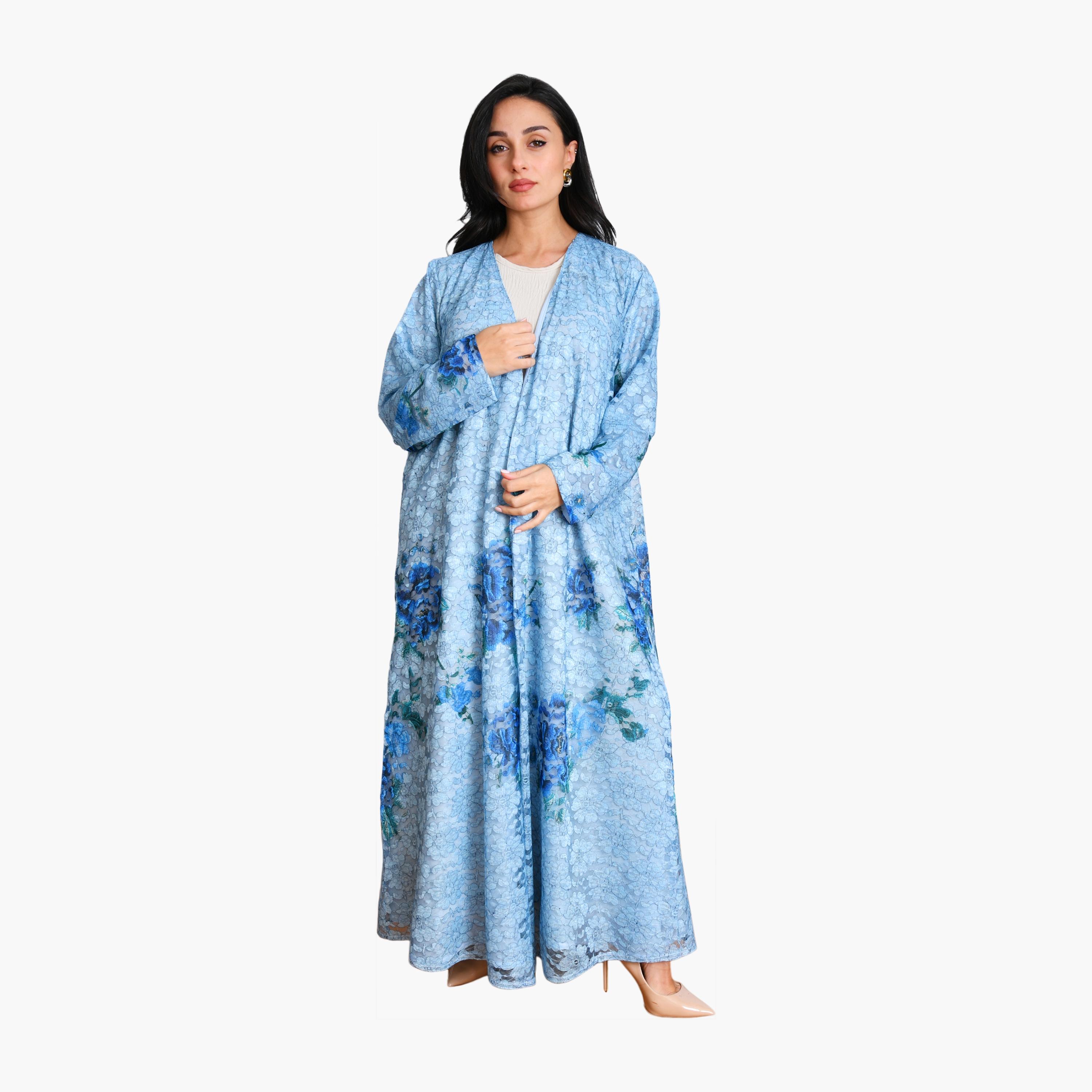 Oya Abaya Floral Lace Linen Women's Evening Flowing Cut Abaya with Hijab-women-arabicclothing-abayas-image-1
