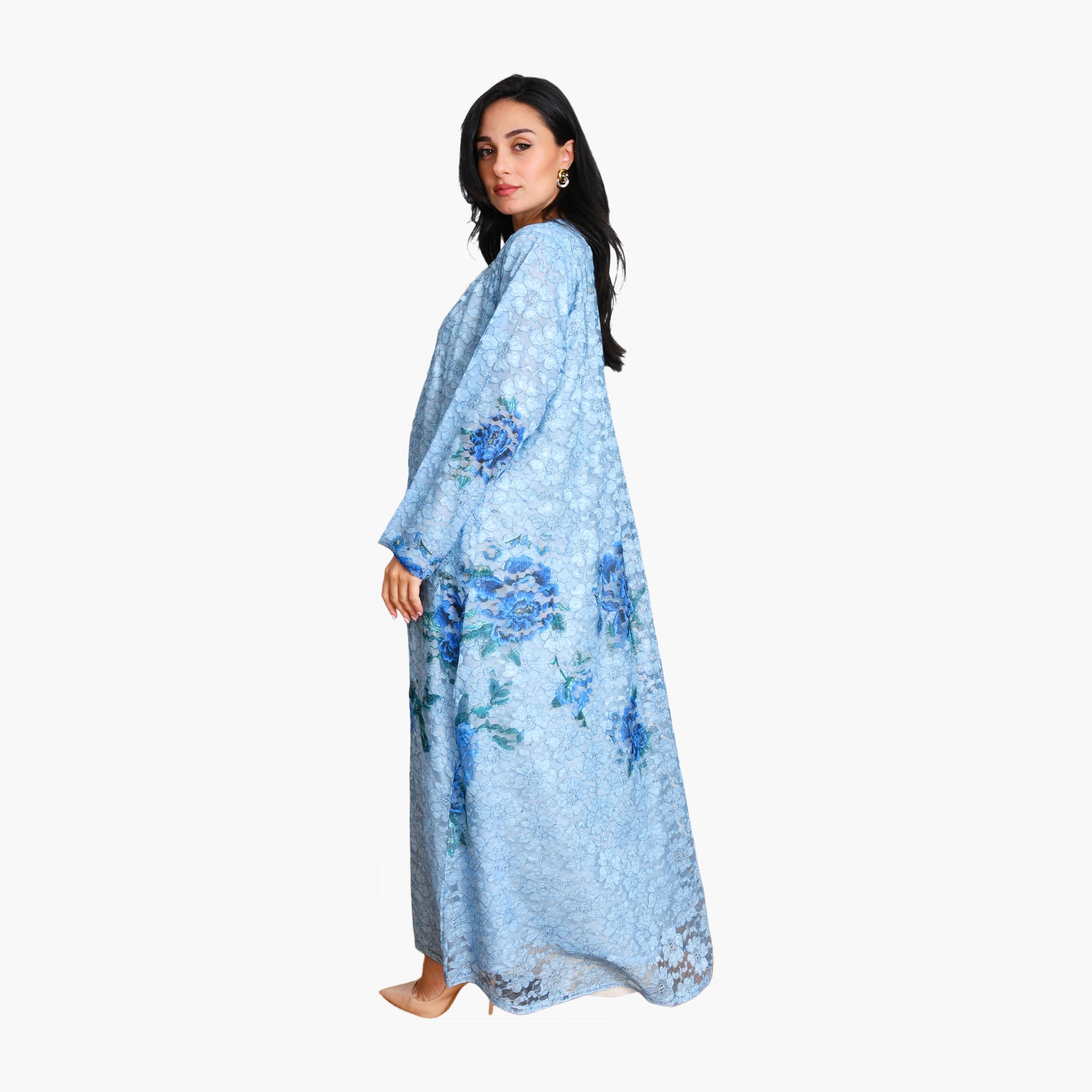 Oya Abaya Floral Lace Linen Women's Evening Flowing Cut Abaya with Hijab-women-arabicclothing-abayas-image-4