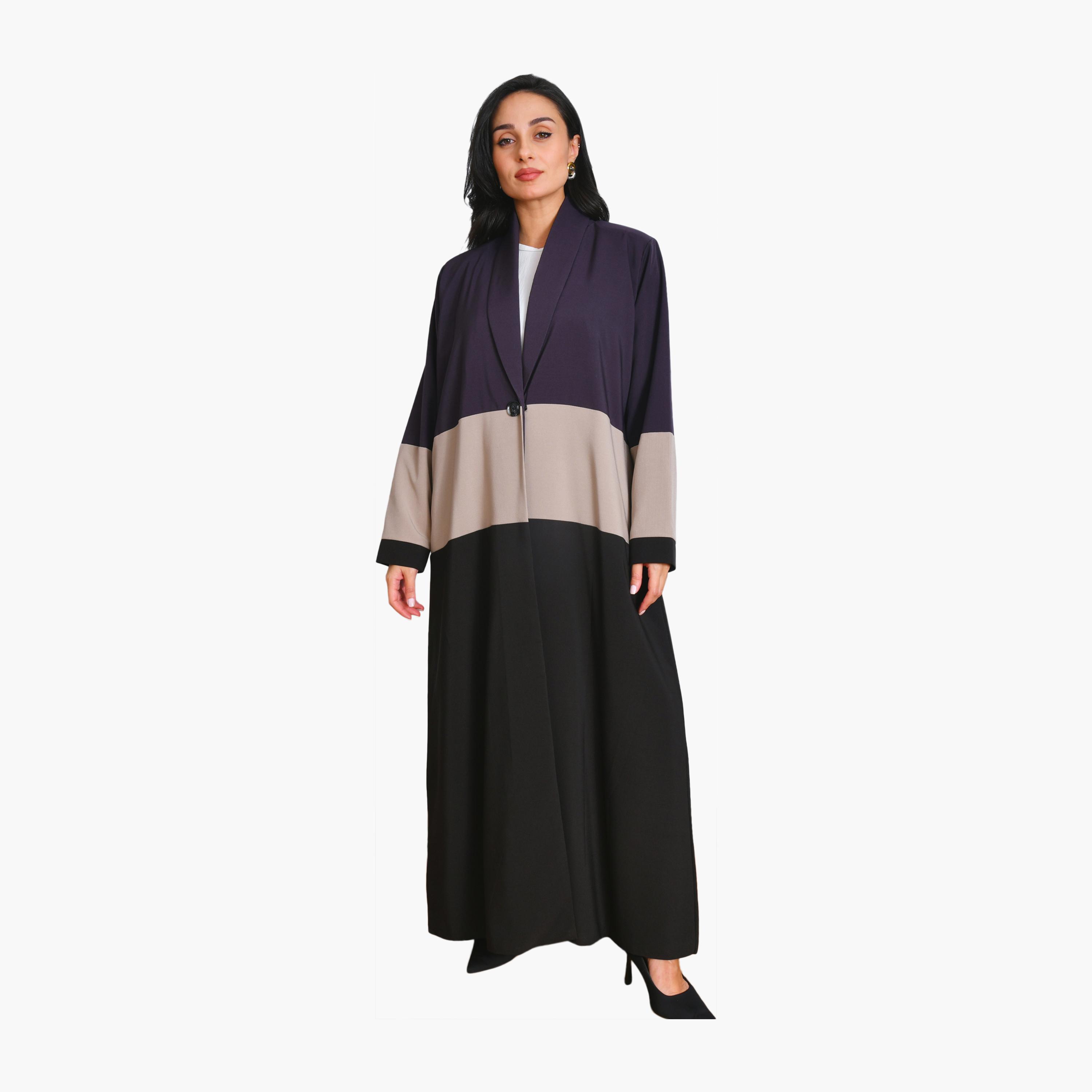 Oya Abaya Multicolour Colour-Blocked Lapel Collar Linen Women's Formal Coat Style Abaya-women-arabicclothing-abayas-image-1