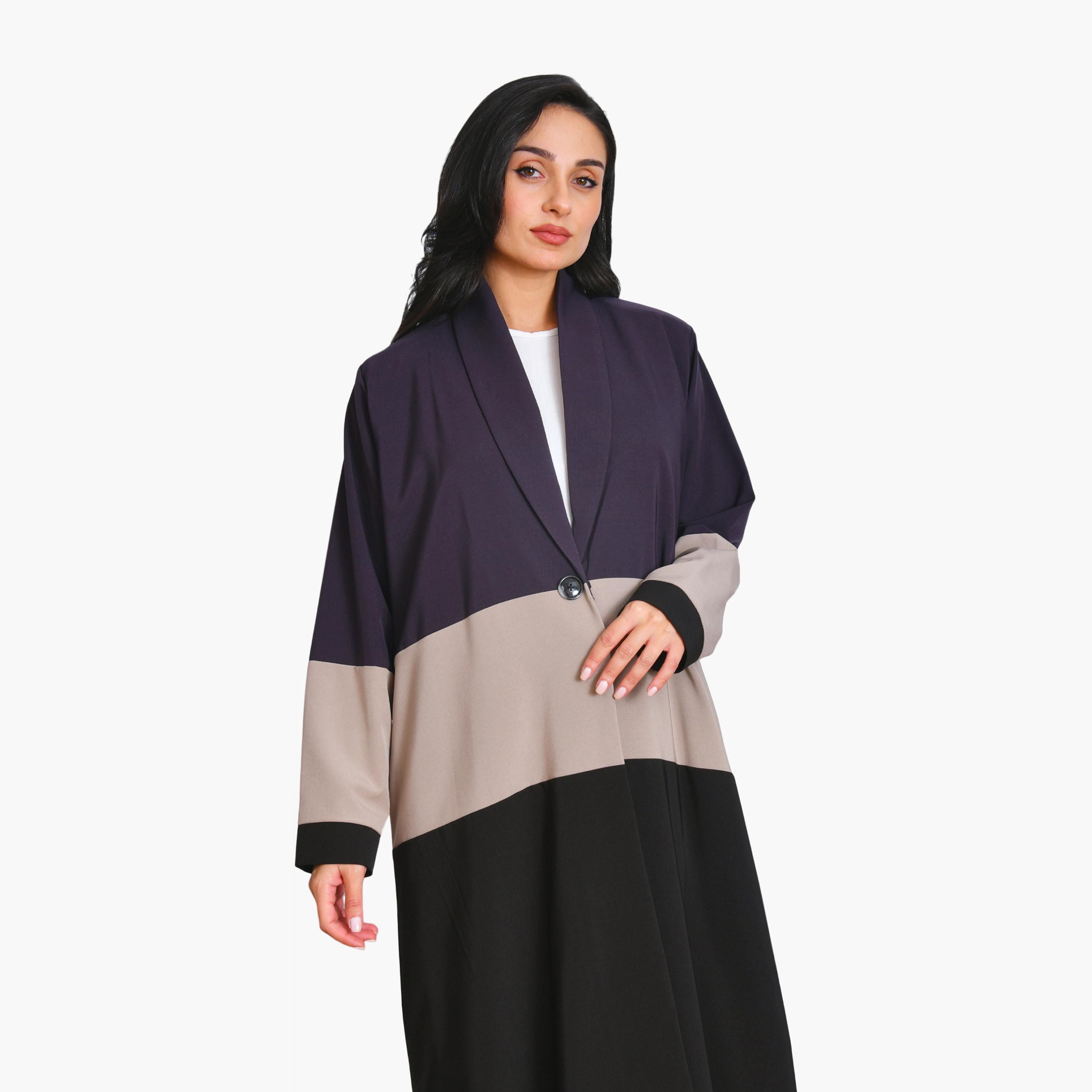 Oya Abaya Multicolour Colour-Blocked Lapel Collar Linen Women's Formal Coat Style Abaya-women-arabicclothing-abayas-image-2