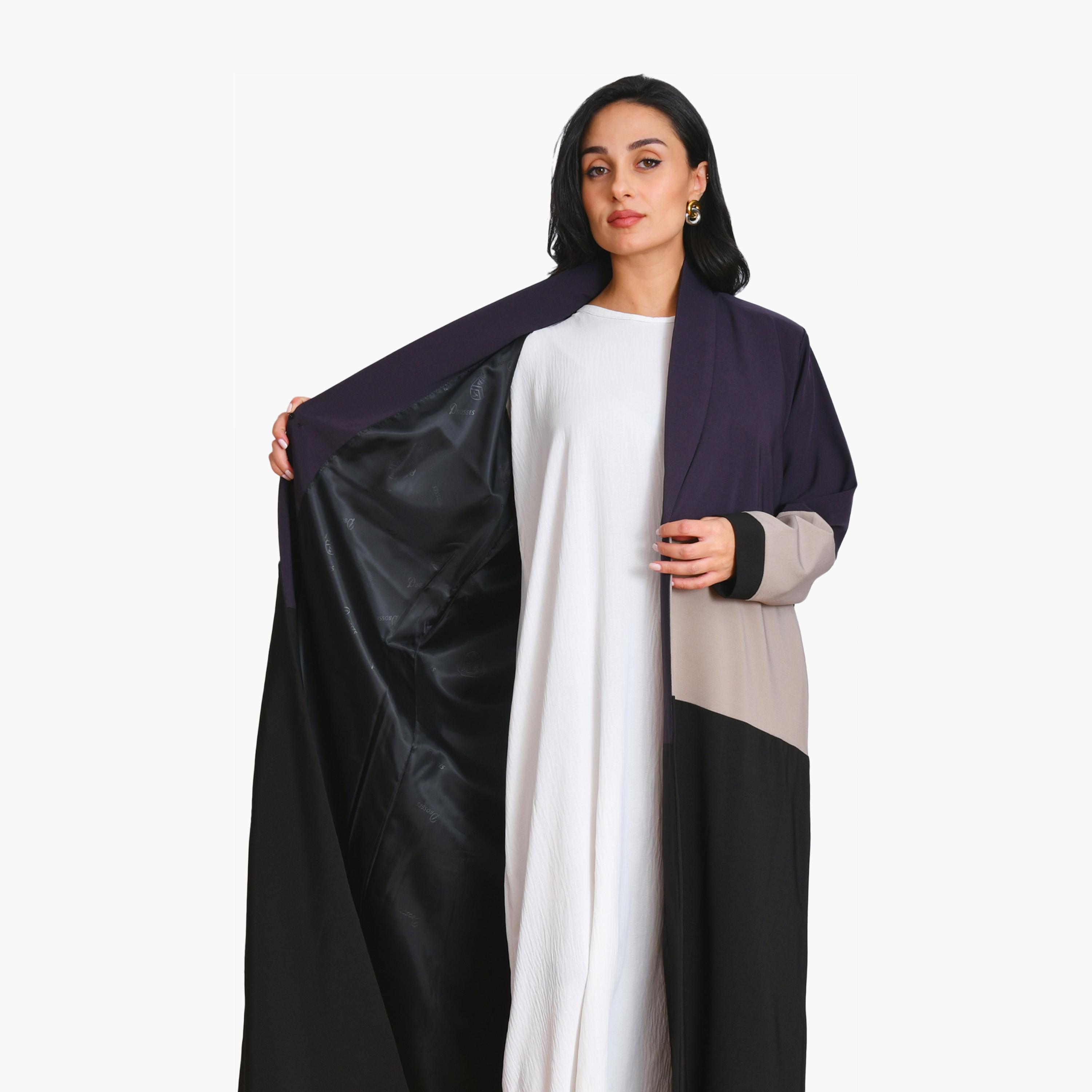Oya Abaya Multicolour Colour-Blocked Lapel Collar Linen Women's Formal Coat Style Abaya-women-arabicclothing-abayas-image-3