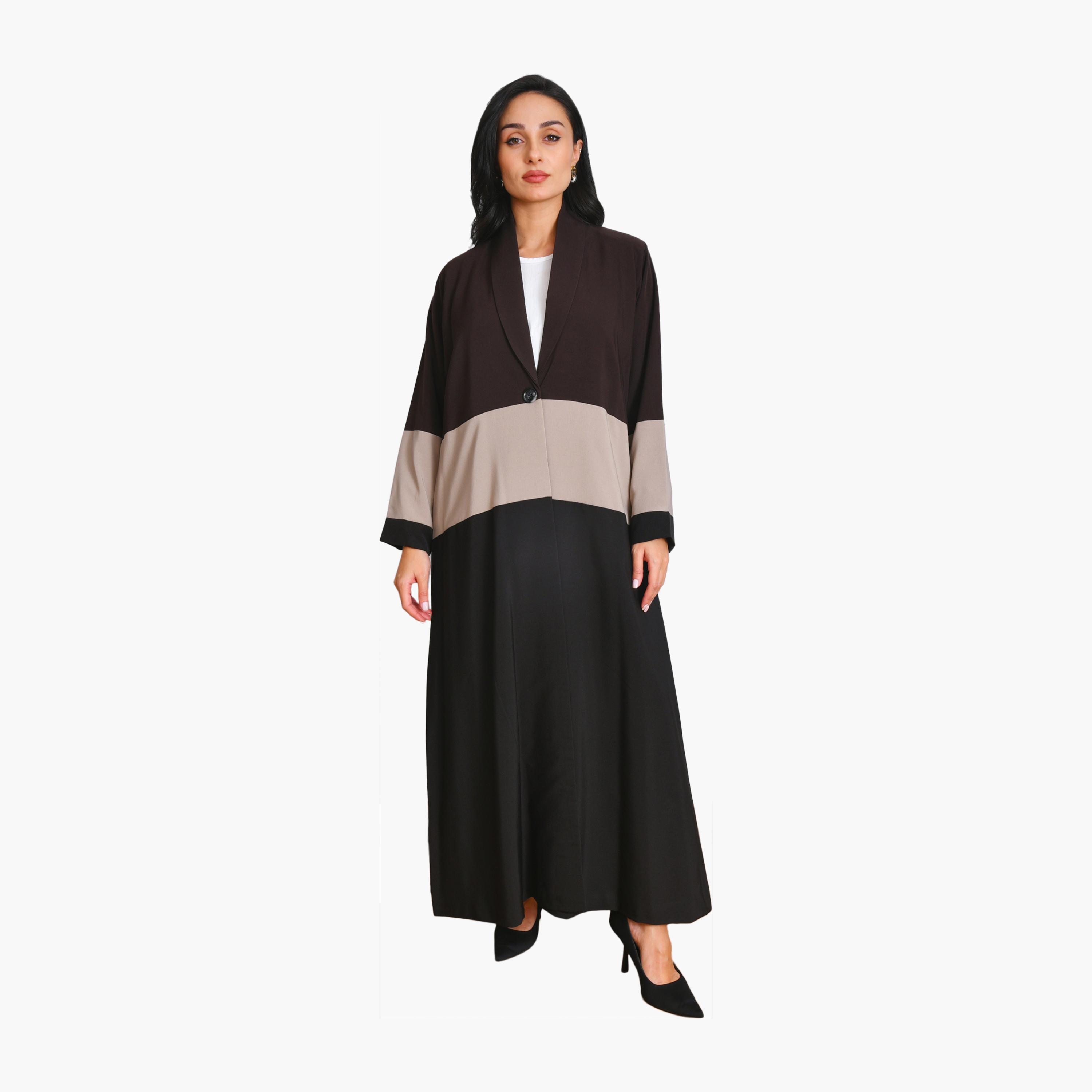 Oya Abaya Multicolour Colour-Blocked Lapel Collar Linen Women's Formal Coat Style Abaya-women-arabicclothing-abayas-image-1