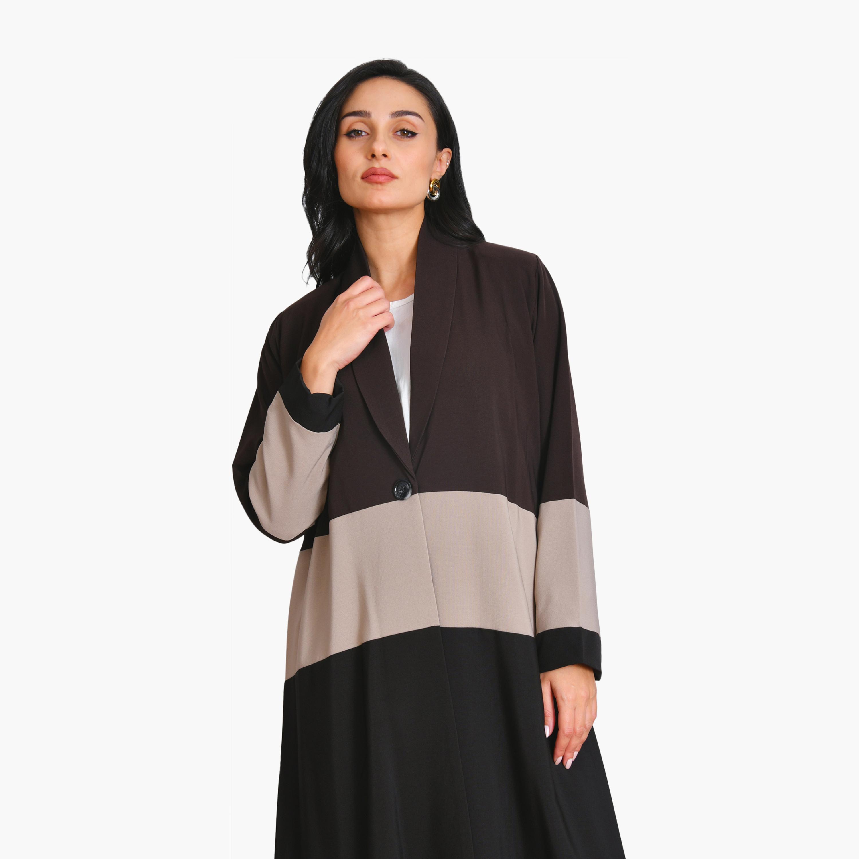 Oya Abaya Multicolour Colour-Blocked Lapel Collar Linen Women's Formal Coat Style Abaya-women-arabicclothing-abayas-image-2