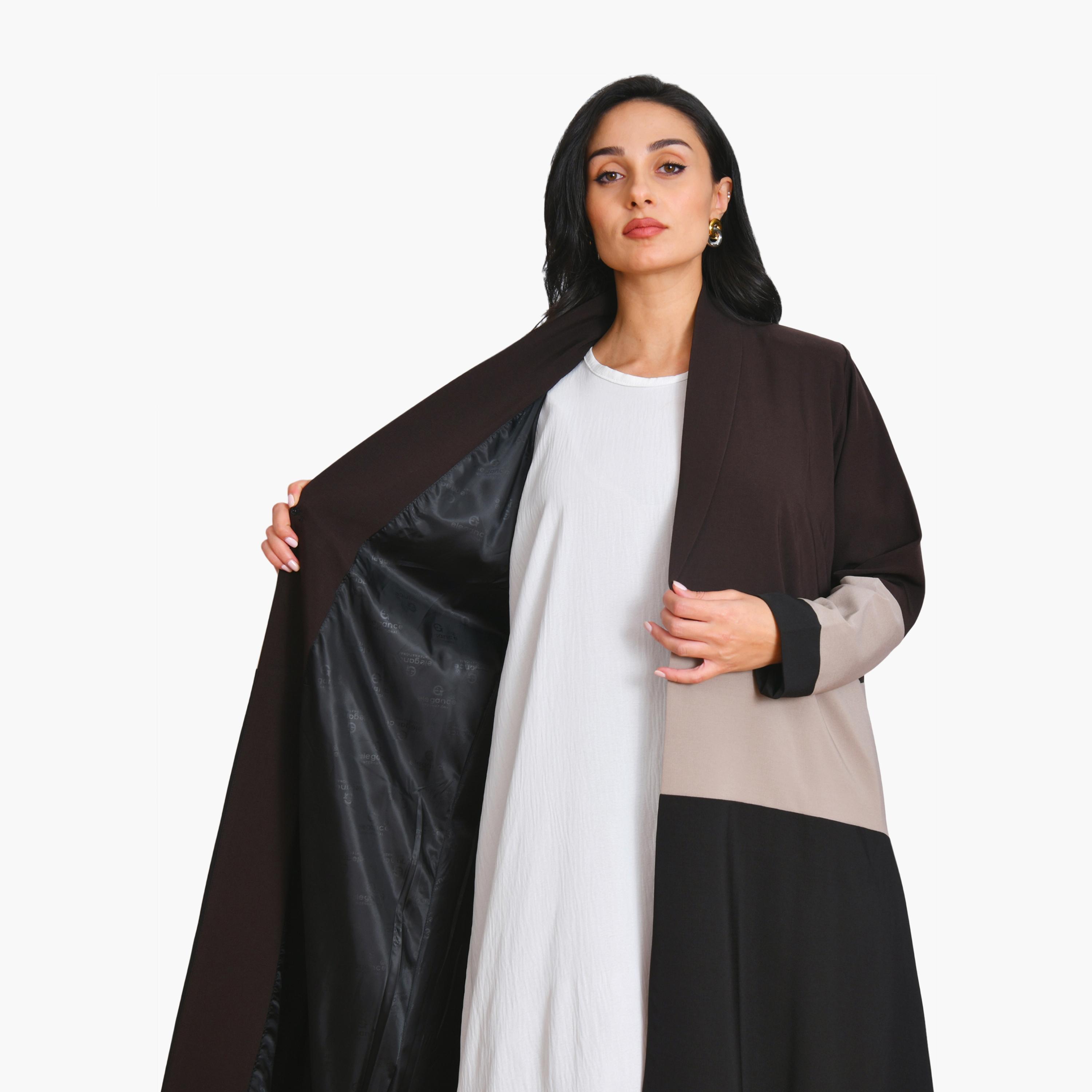 Oya Abaya Multicolour Colour-Blocked Lapel Collar Linen Women's Formal Coat Style Abaya-women-arabicclothing-abayas-image-3