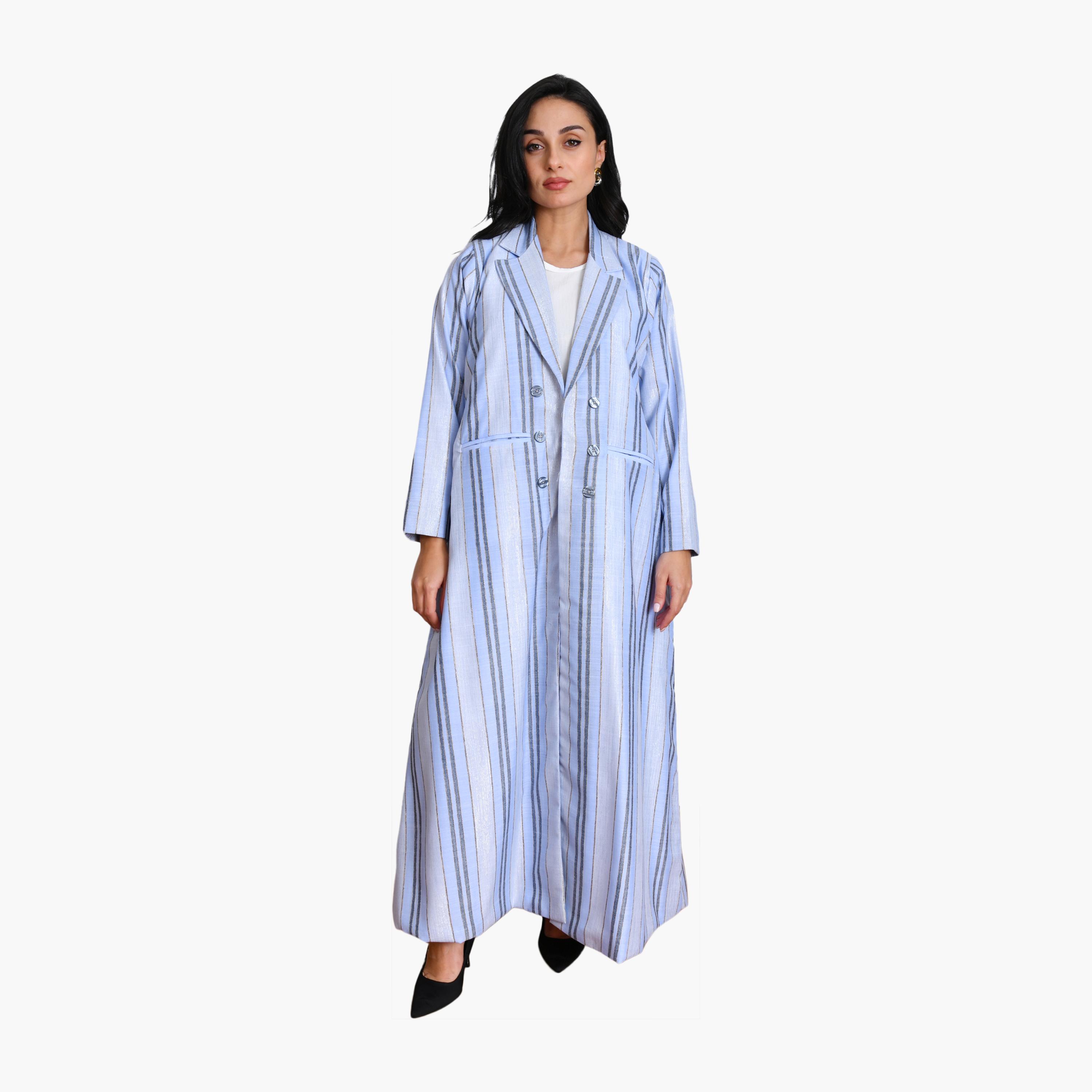 Oya Abaya Blue Striped Lapel Collar Linen Women's Formal Coat Style Abaya-women-arabicclothing-abayas-image-1