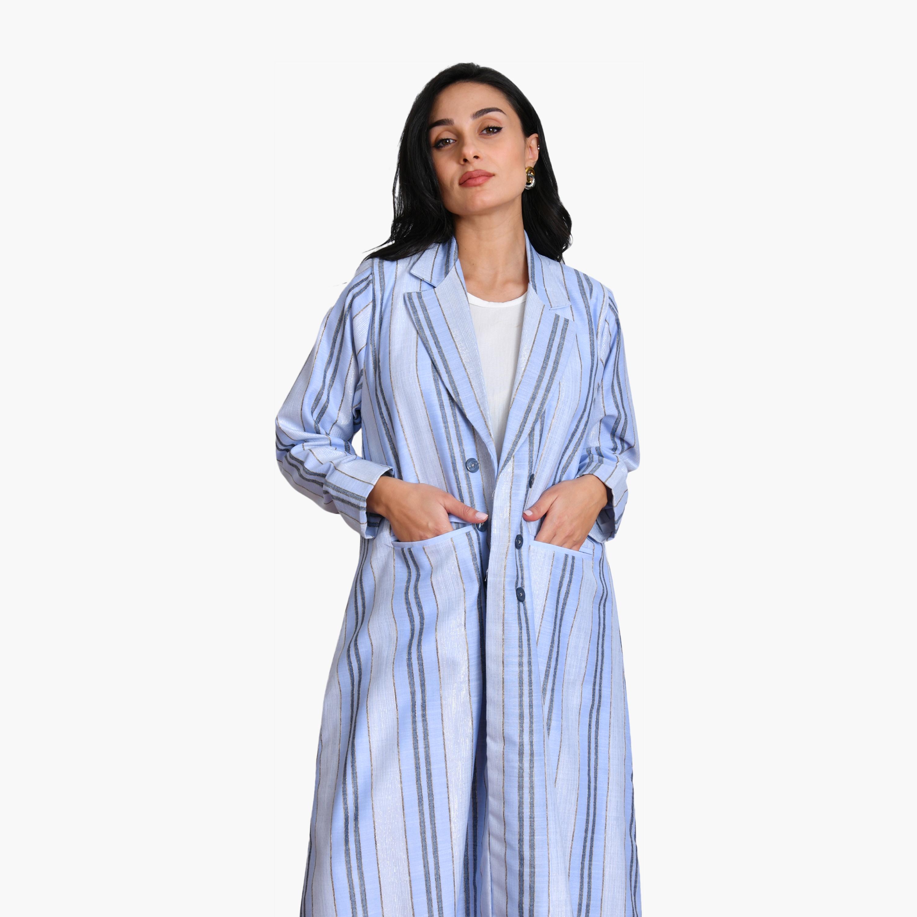 Oya Abaya Blue Striped Lapel Collar Linen Women's Formal Coat Style Abaya-women-arabicclothing-abayas-image-2