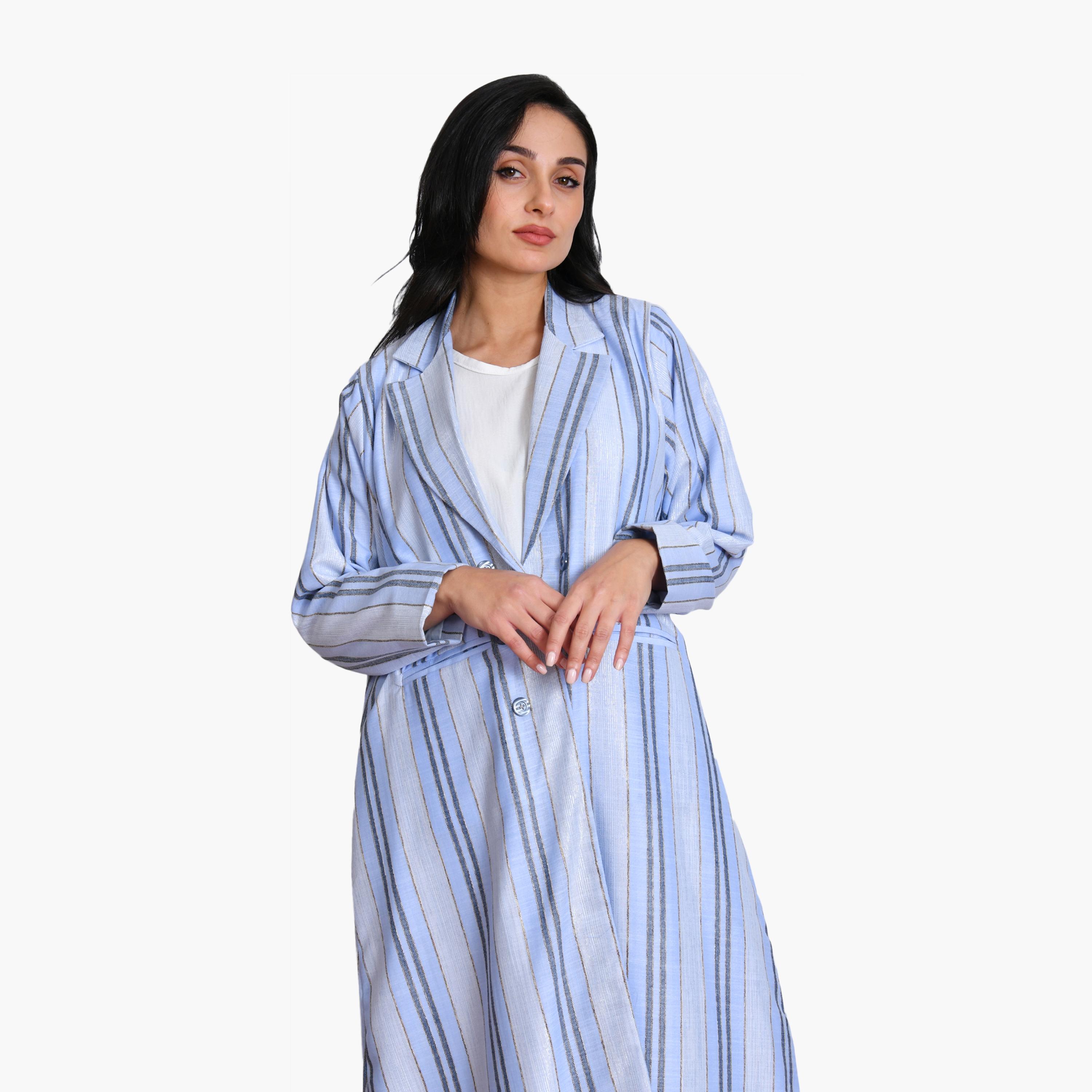 Oya Abaya Blue Striped Lapel Collar Linen Women's Formal Coat Style Abaya-women-arabicclothing-abayas-image-3