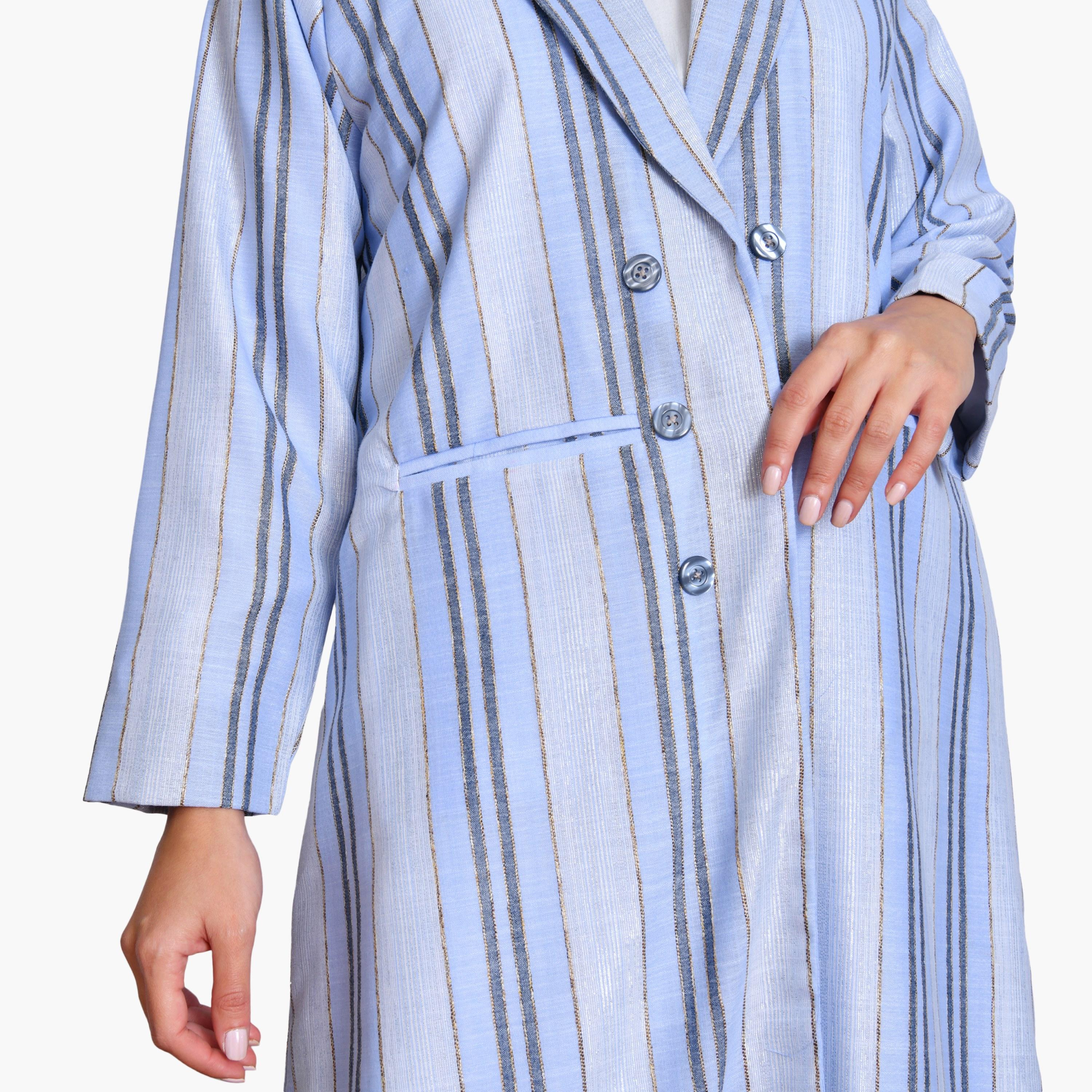 Oya Abaya Blue Striped Lapel Collar Linen Women's Formal Coat Style Abaya-women-arabicclothing-abayas-image-4