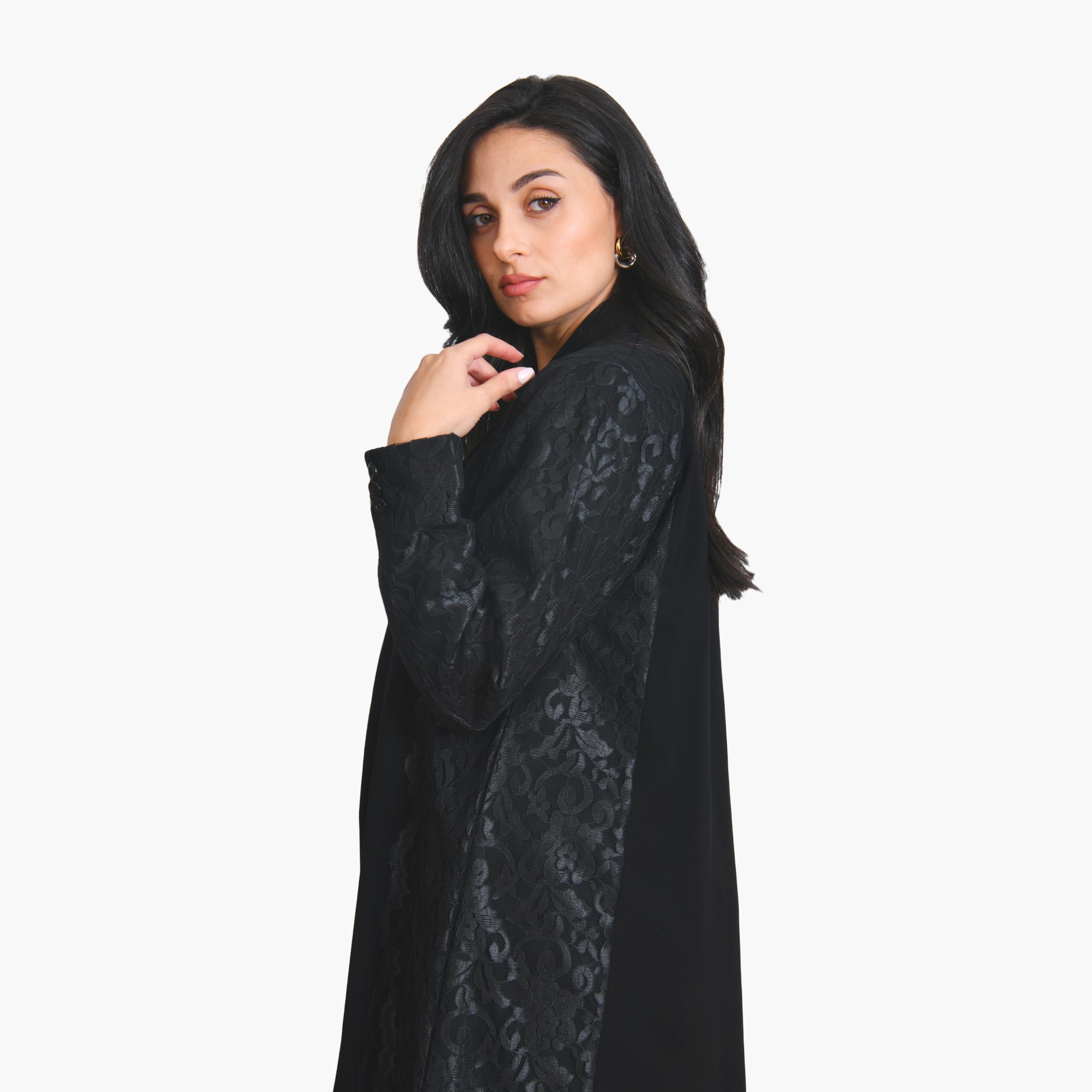 عباية سوداء من الكتان مع ياقة مزينة بالدانتيل رسمية للنساء على شكل معطف من أويا عباية-women-arabicclothing-abayas-image-5