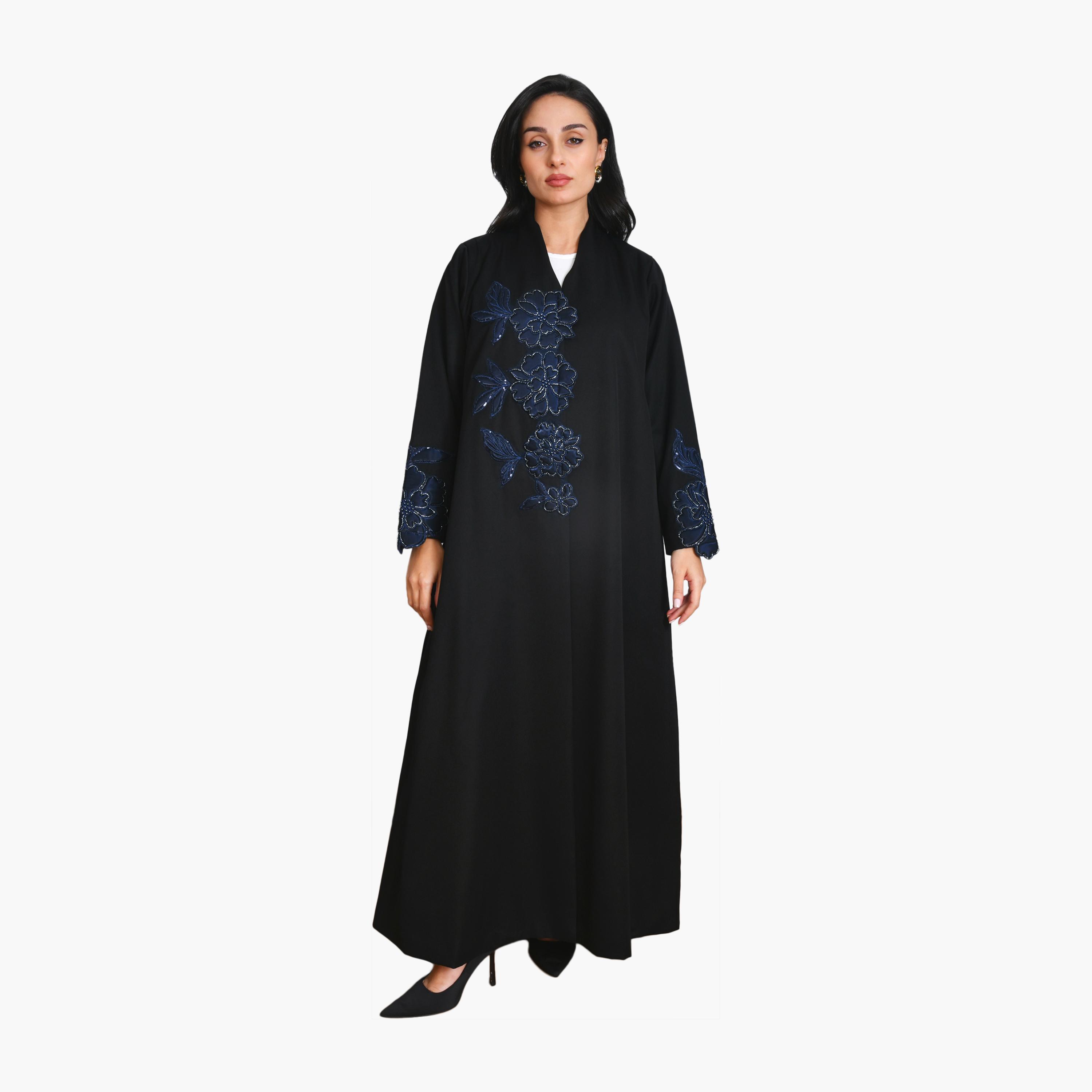 عباية سوداء مطرزة بالزهور والخرز من الكتان للنساء من أويا عباية-women-arabicclothing-abayas-image-1
