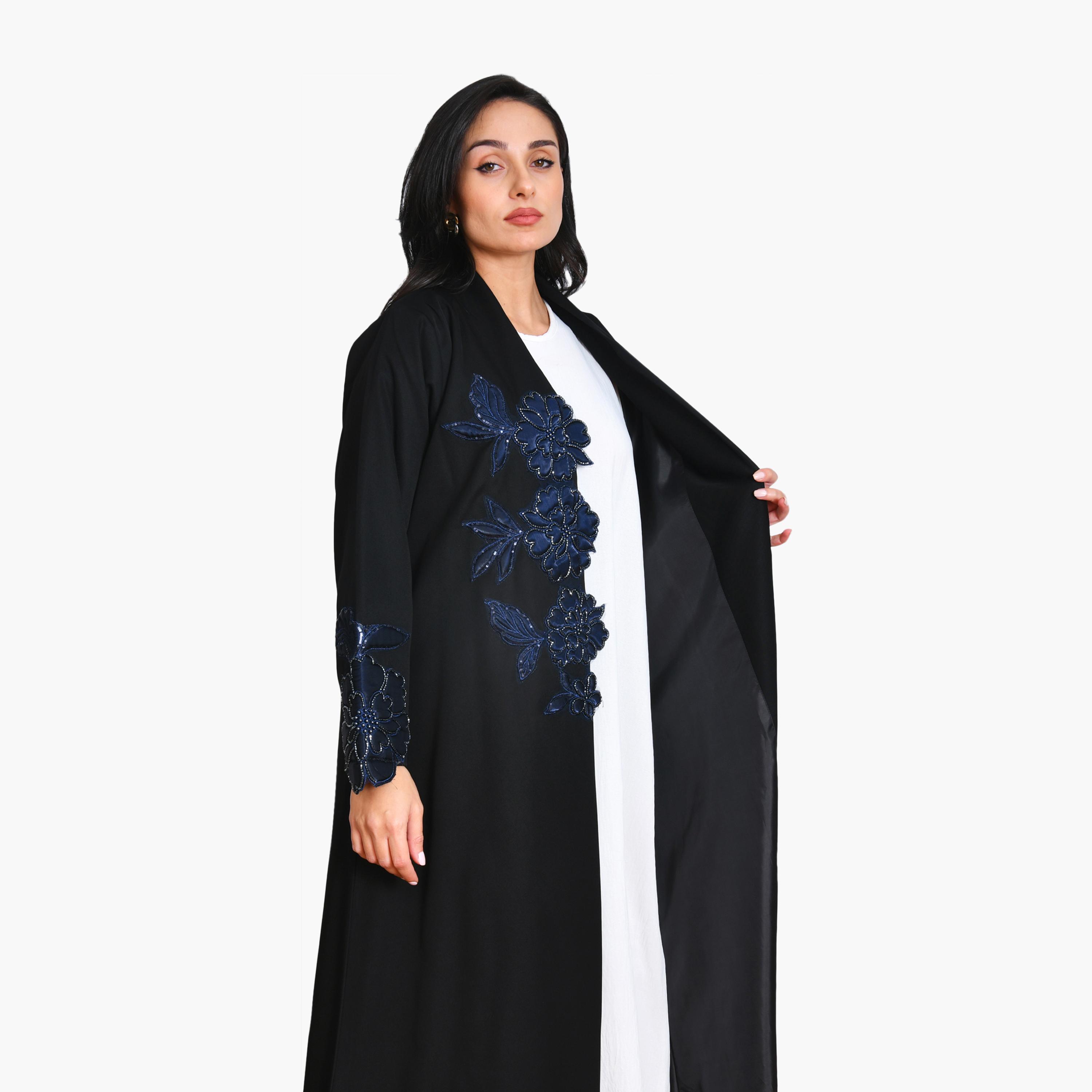 عباية سوداء مطرزة بالزهور والخرز من الكتان للنساء من أويا عباية-women-arabicclothing-abayas-image-2