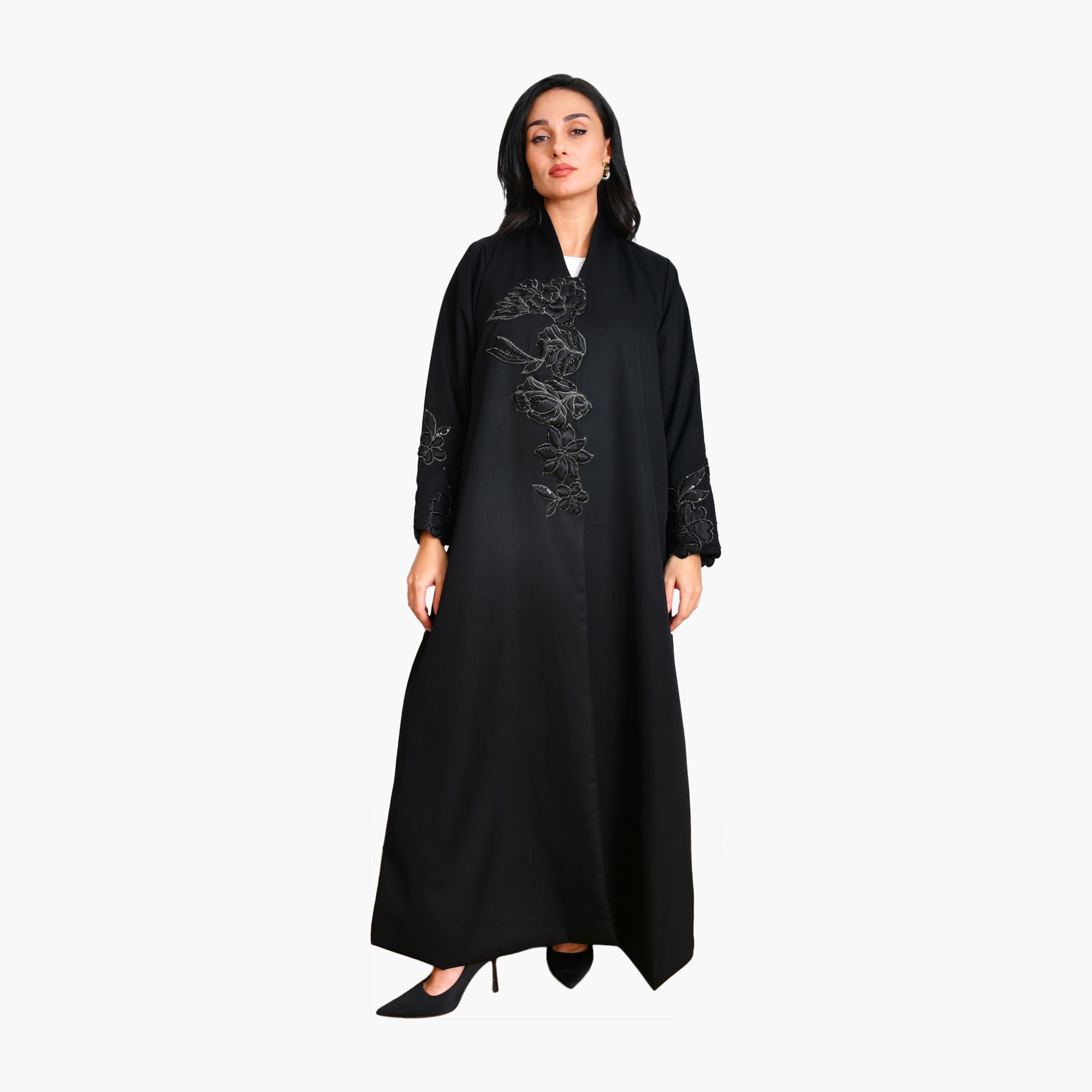 عباية سوداء مطرزة بالزهور والخرز من الكتان للنساء من أويا عباية-women-arabicclothing-abayas-image-1