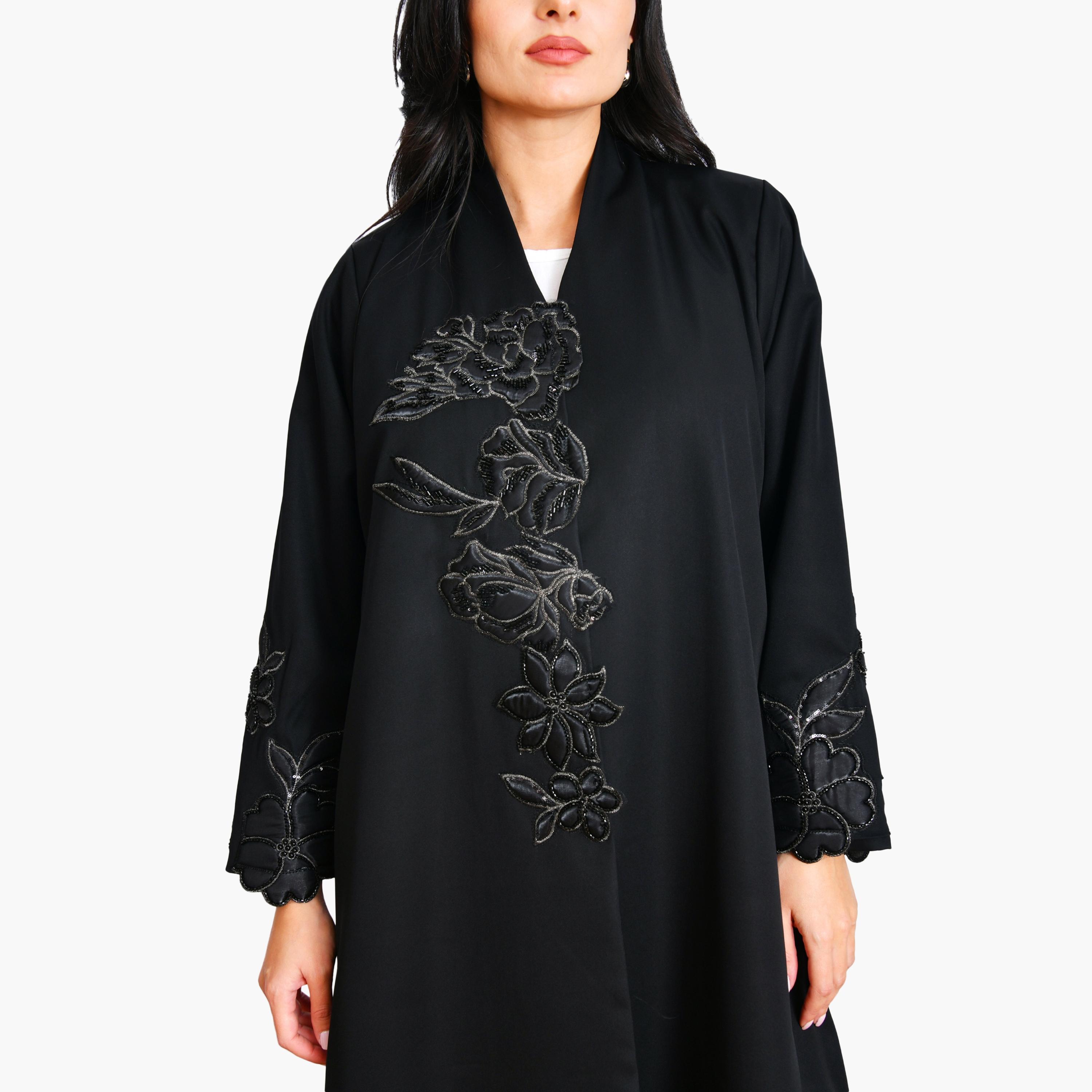 عباية سوداء مطرزة بالزهور والخرز من الكتان للنساء من أويا عباية-women-arabicclothing-abayas-image-4