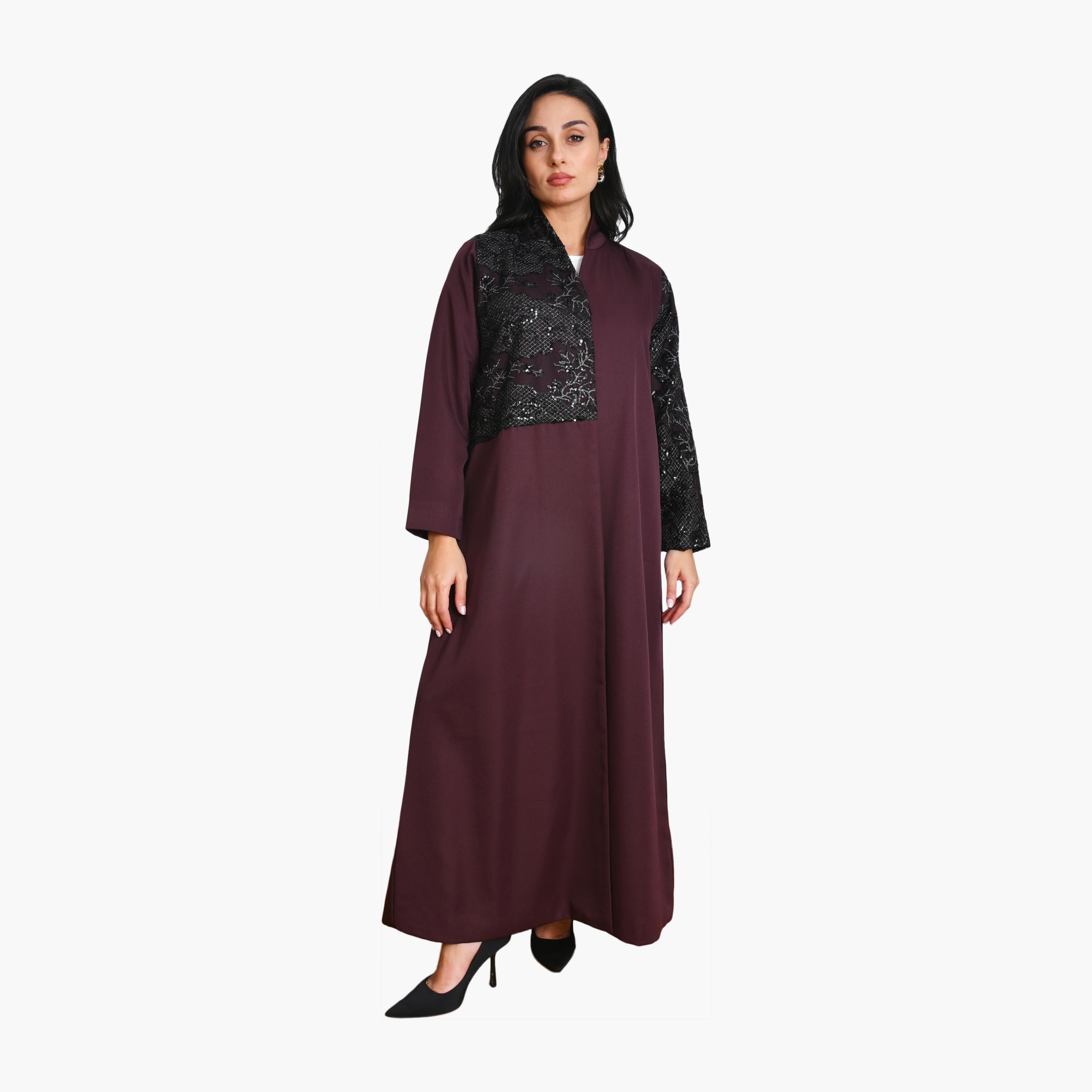 عباية من الدانتيل والكتان المزين بالترتر من أويا عباية-women-arabicclothing-abayas-image-1