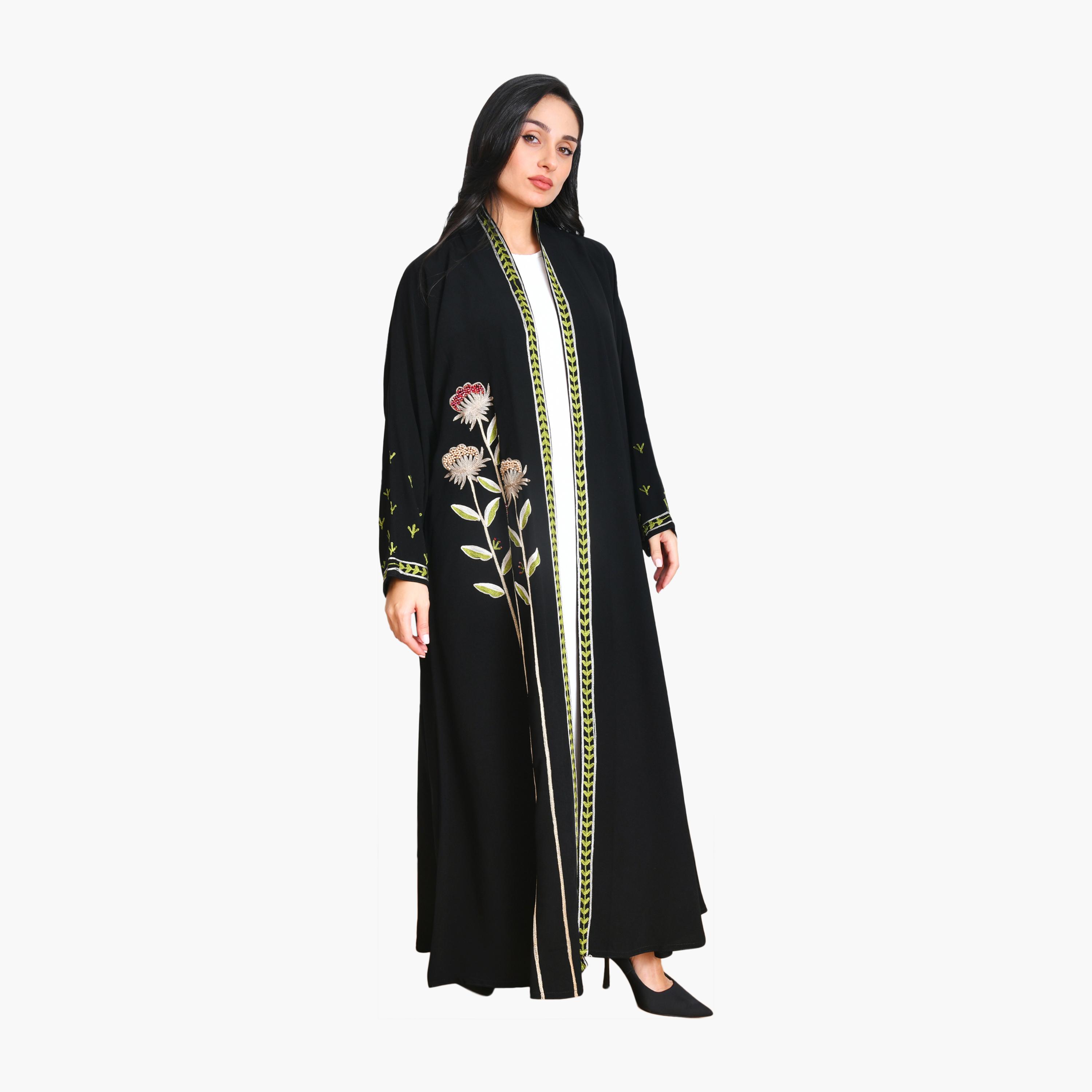 Oya Abaya Black Floral Embroidered Linen Women's Evening Quarter-Cloche Abaya with Hijab-women-arabicclothing-abayas-image-1
