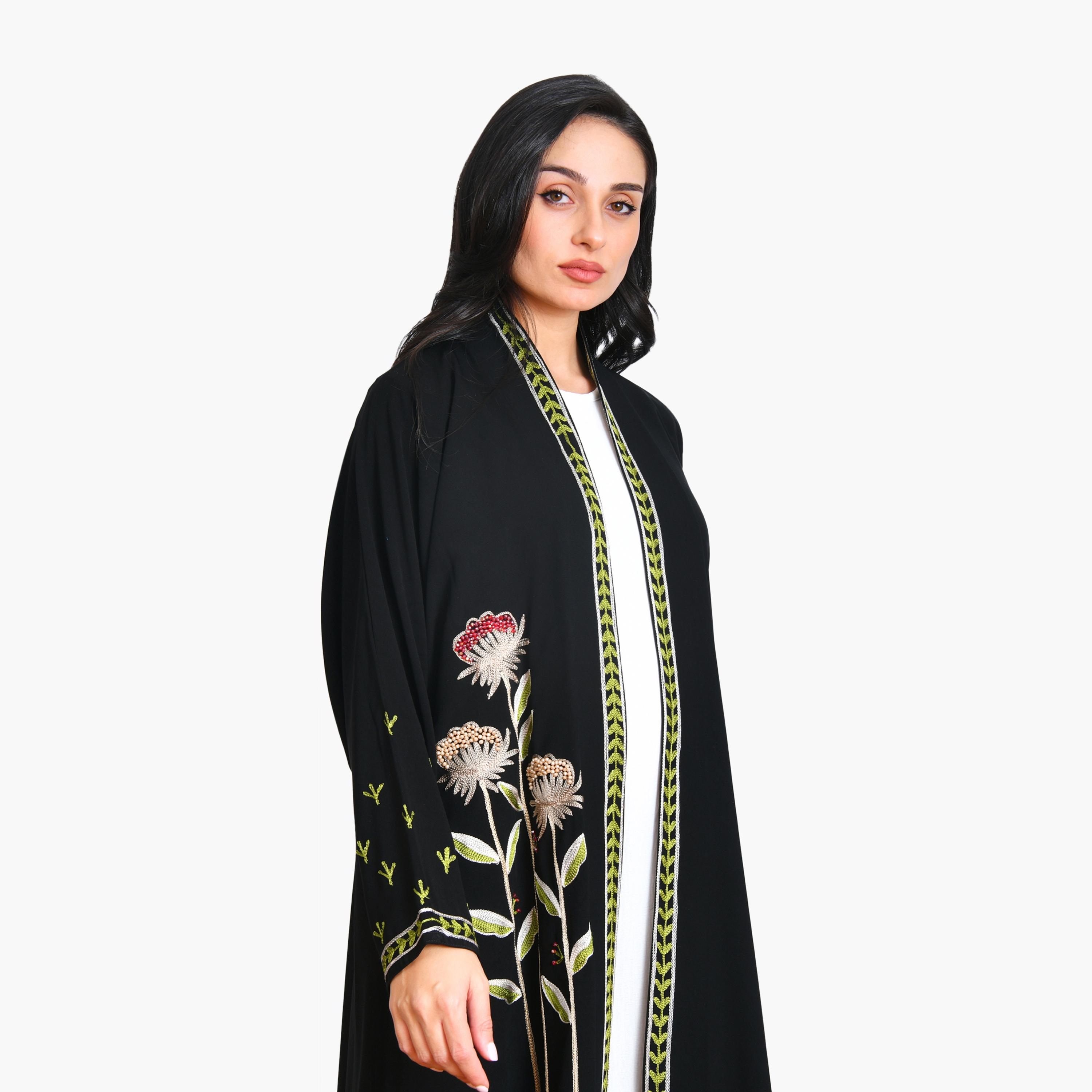 Oya Abaya Black Floral Embroidered Linen Women's Evening Quarter-Cloche Abaya with Hijab-women-arabicclothing-abayas-image-2