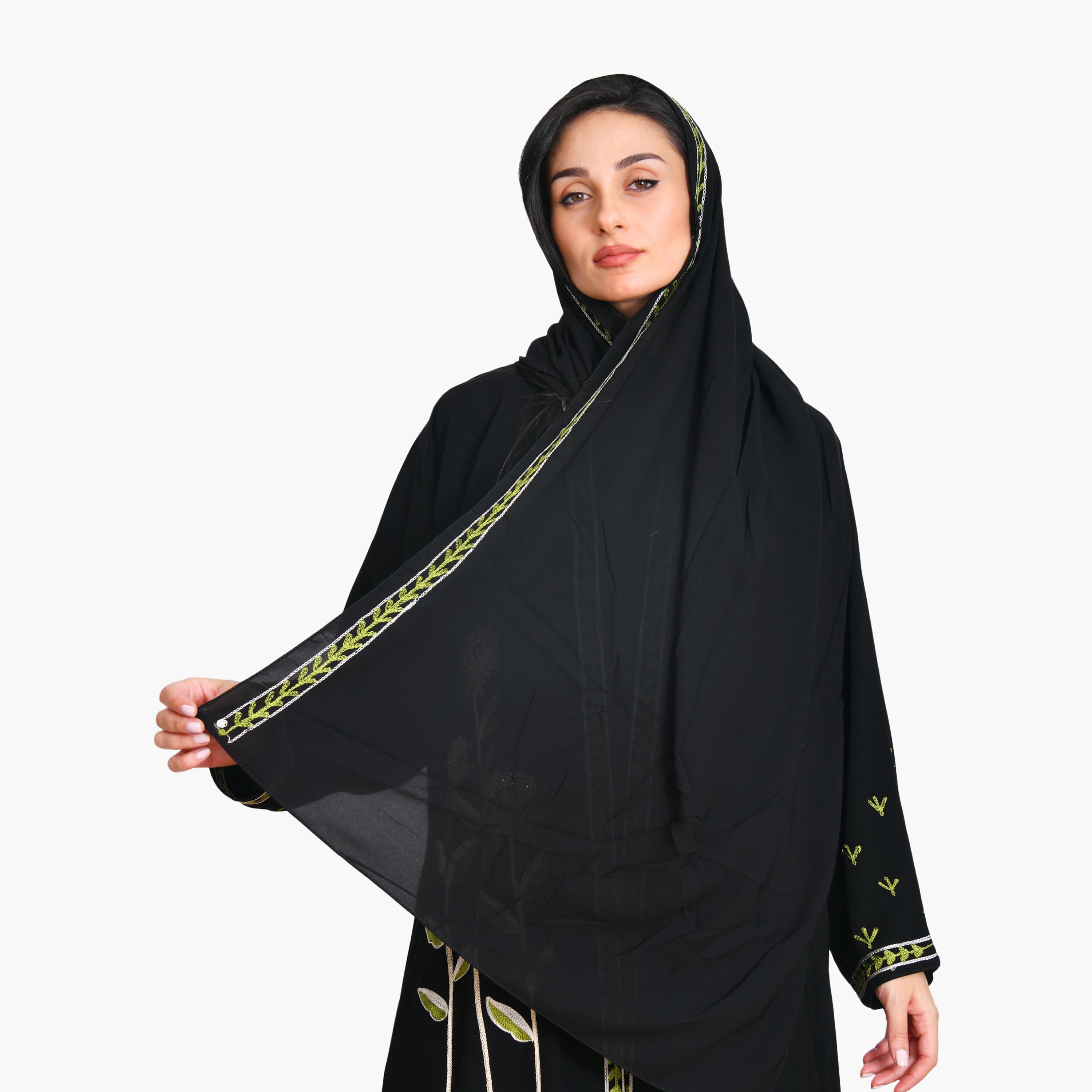 Oya Abaya Black Floral Embroidered Linen Women's Evening Quarter-Cloche Abaya with Hijab-women-arabicclothing-abayas-image-3