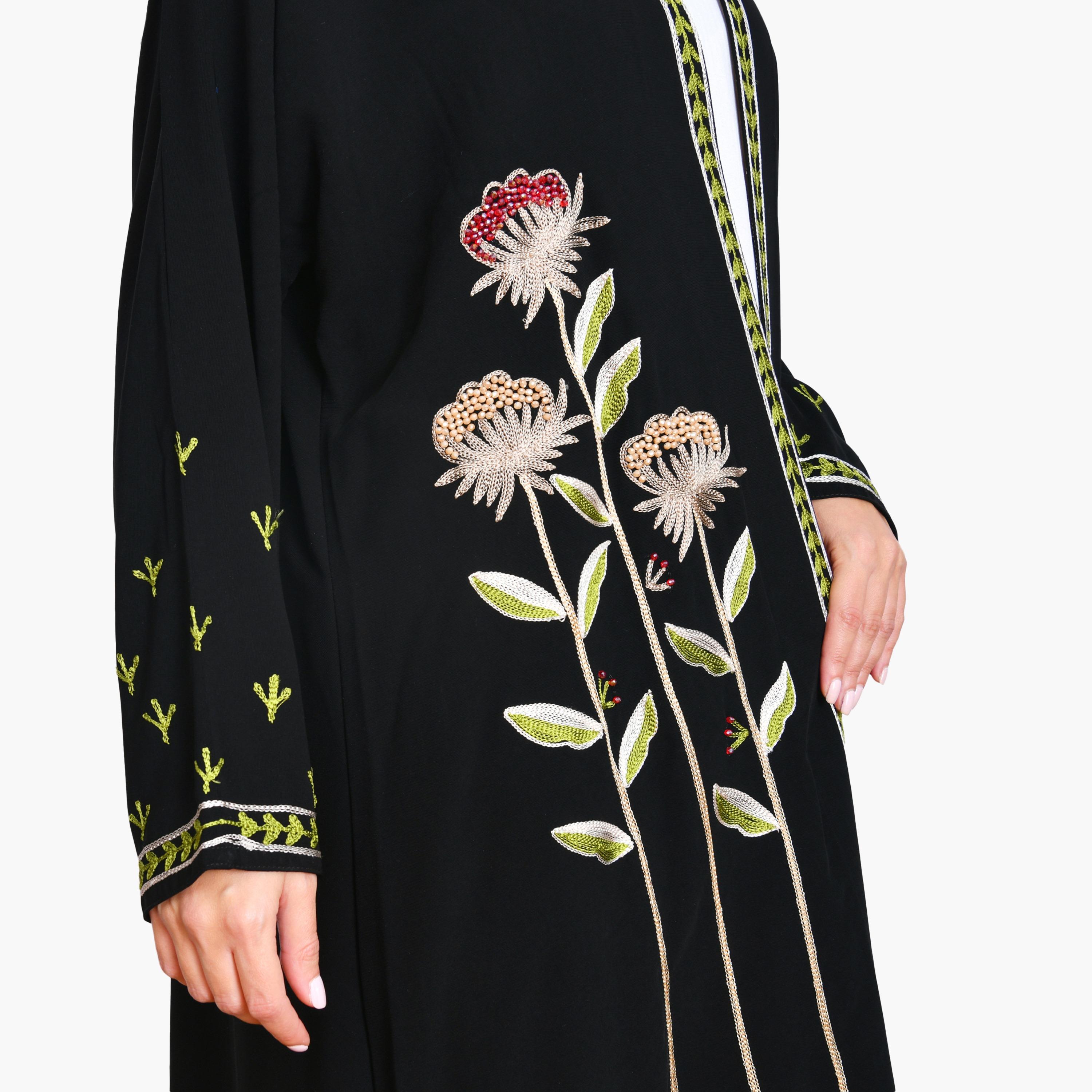 Oya Abaya Black Floral Embroidered Linen Women's Evening Quarter-Cloche Abaya with Hijab-women-arabicclothing-abayas-image-4