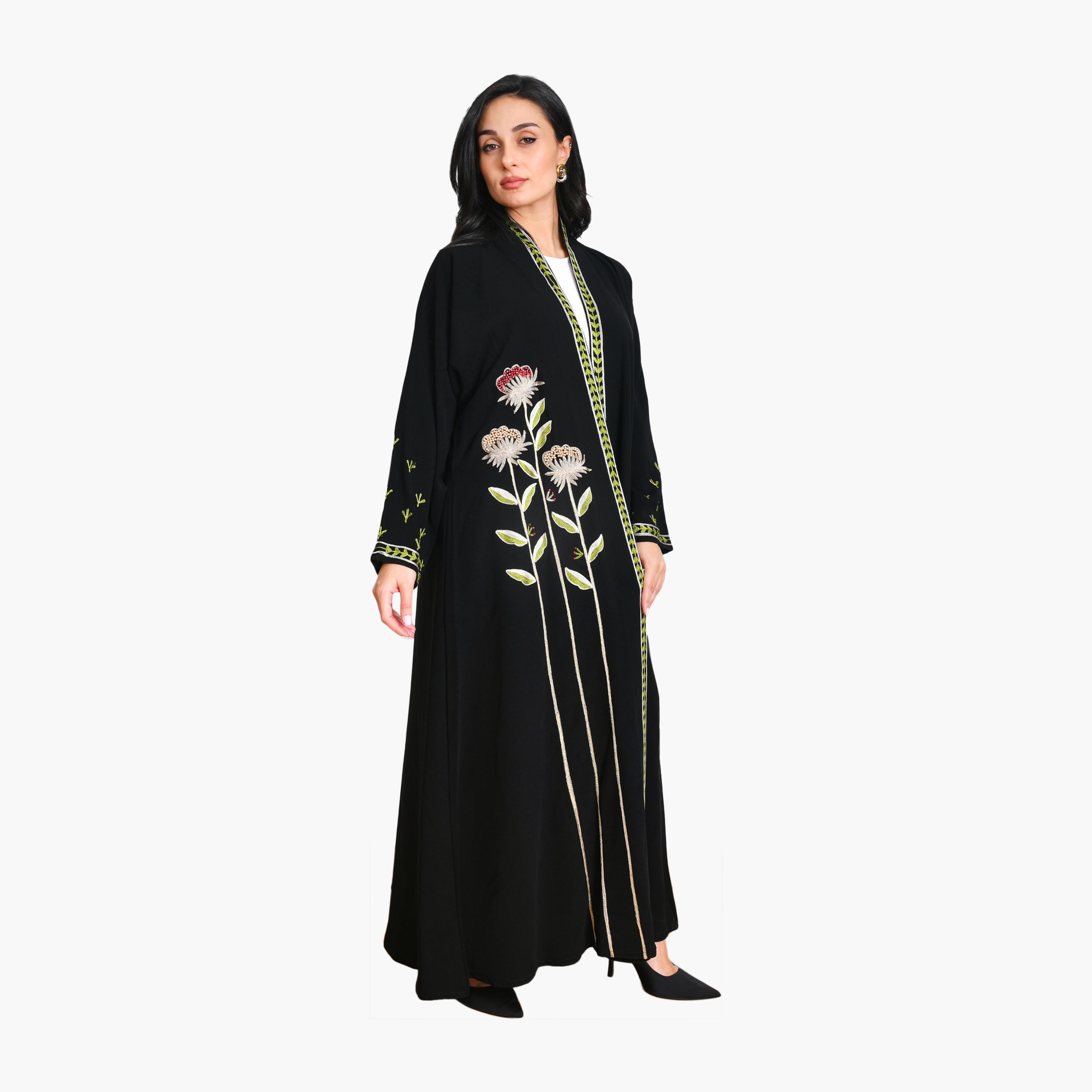 Oya Abaya Black Floral Embroidered Linen Women's Evening Quarter-Cloche Abaya with Hijab-women-arabicclothing-abayas-image-5