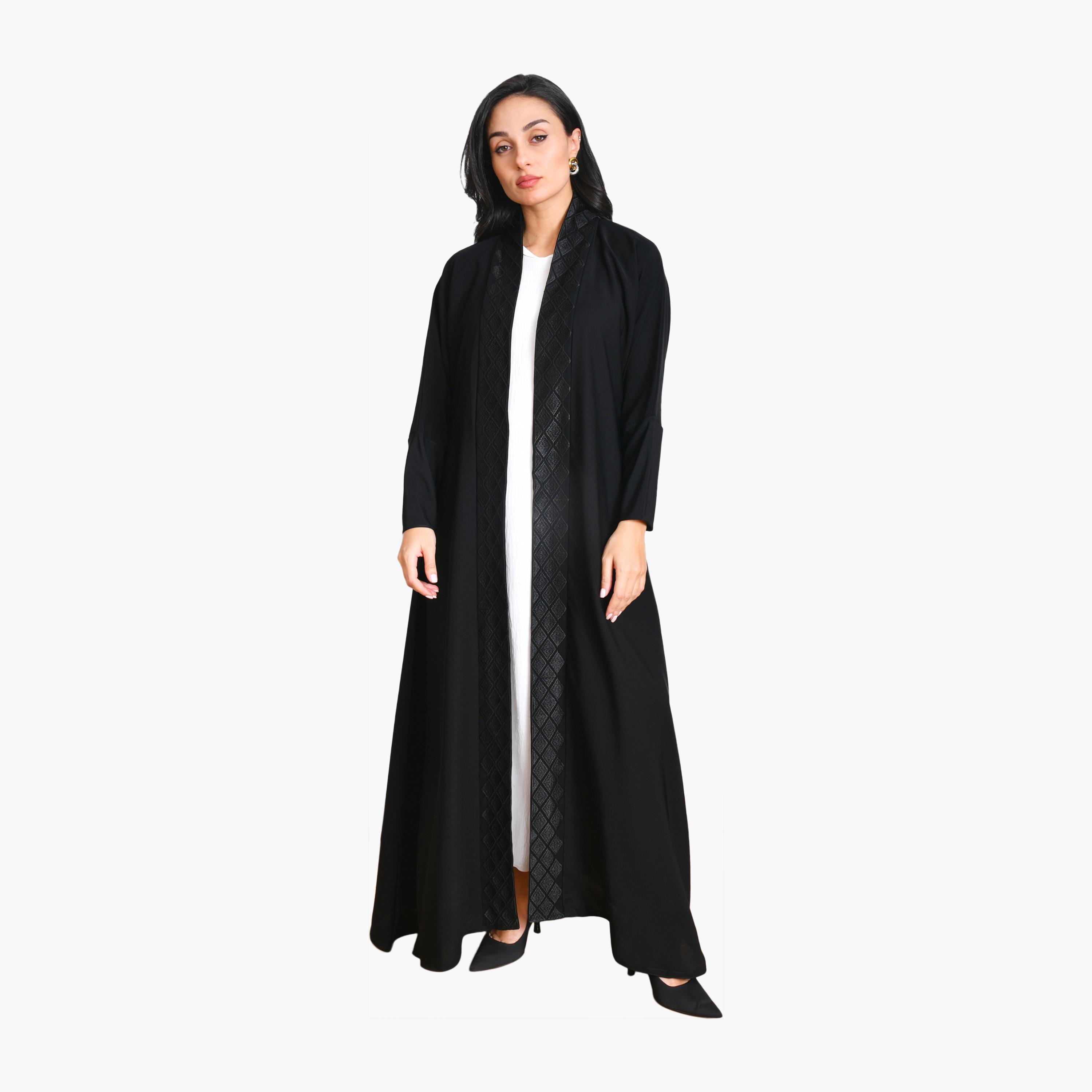 Oya Abaya Black Geometric Embroidered Linen Women's Evening Quarter-Cloche Abaya with Hijab-women-arabicclothing-abayas-image-1
