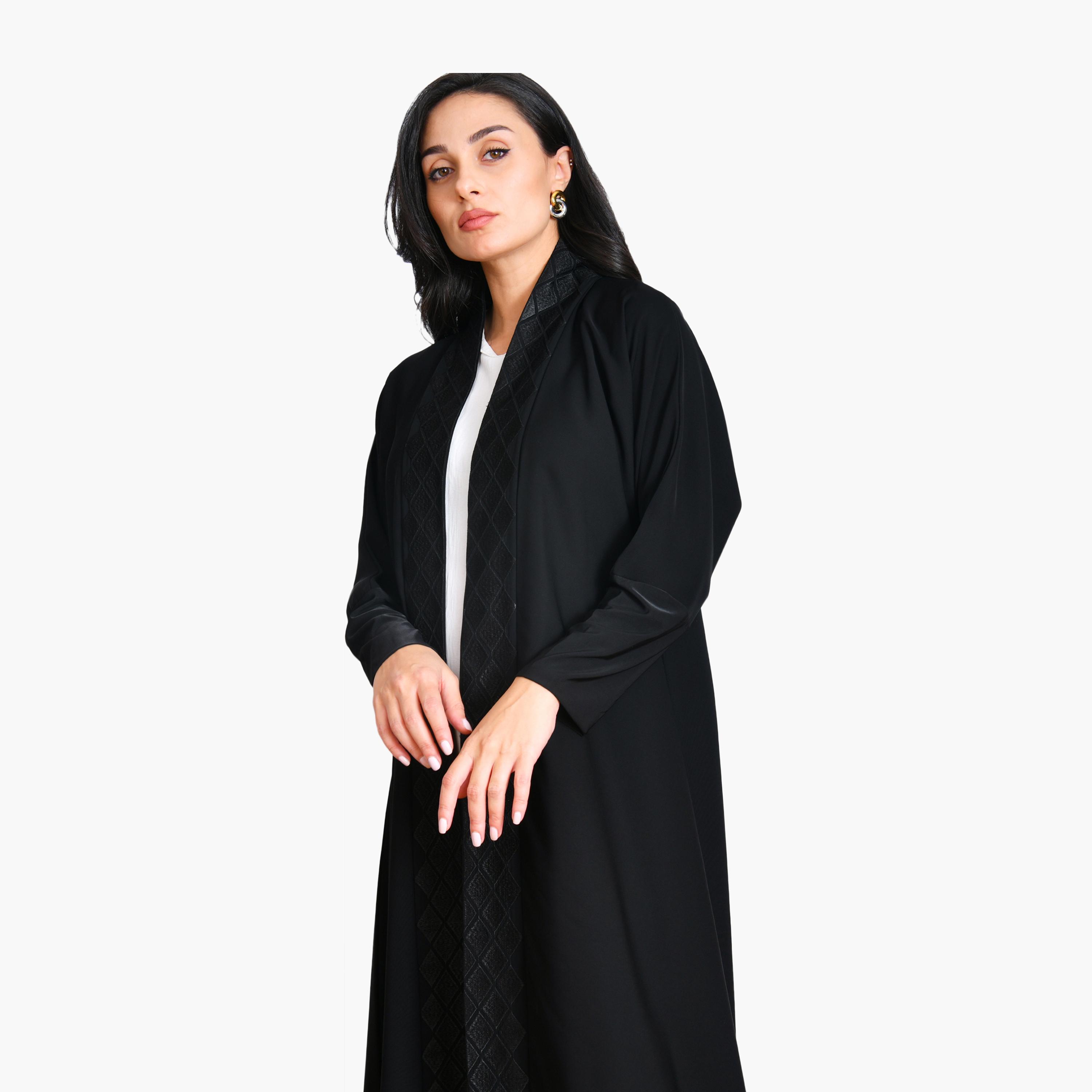 Oya Abaya Black Geometric Embroidered Linen Women's Evening Quarter-Cloche Abaya with Hijab-women-arabicclothing-abayas-image-2