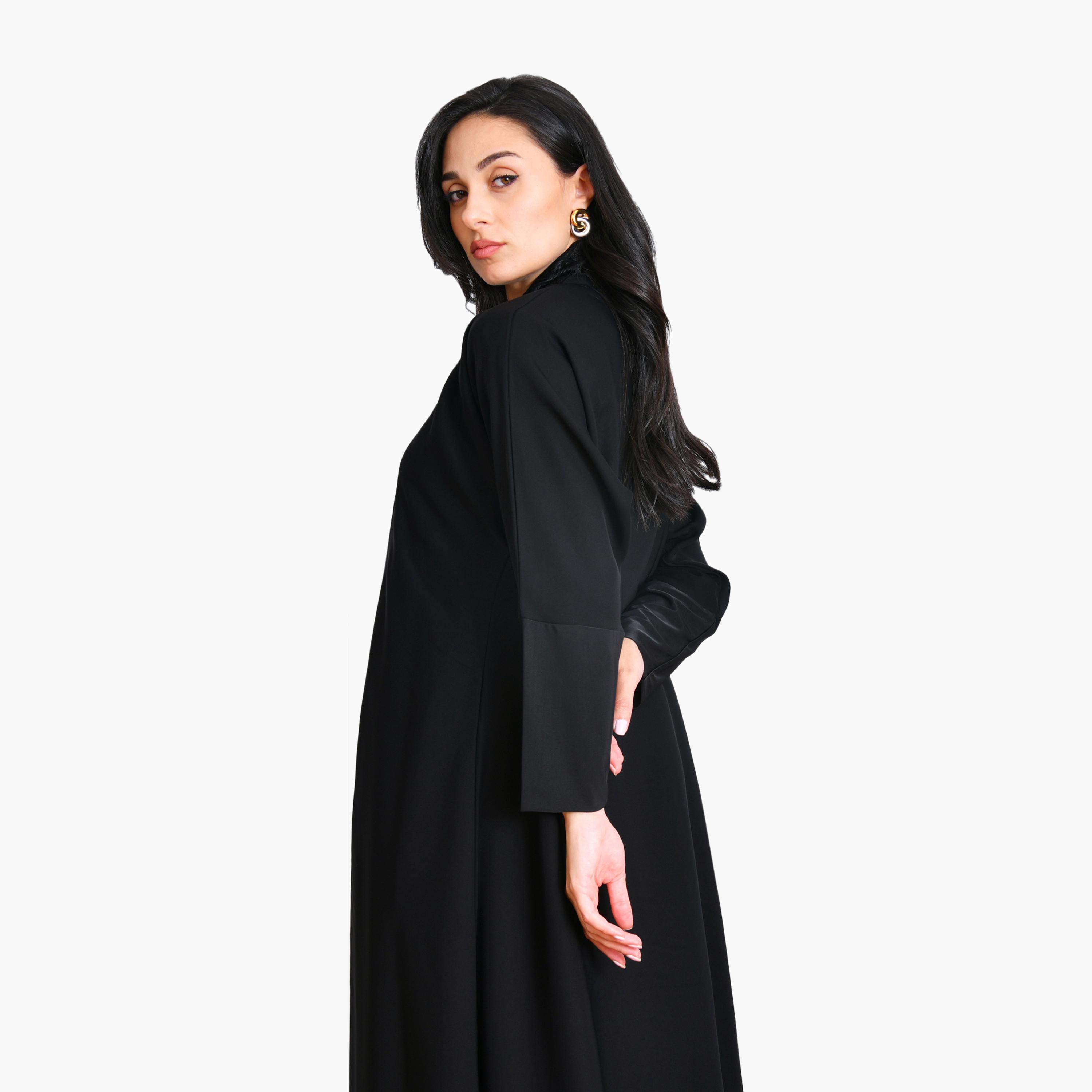 Oya Abaya Black Geometric Embroidered Linen Women's Evening Quarter-Cloche Abaya with Hijab-women-arabicclothing-abayas-image-3