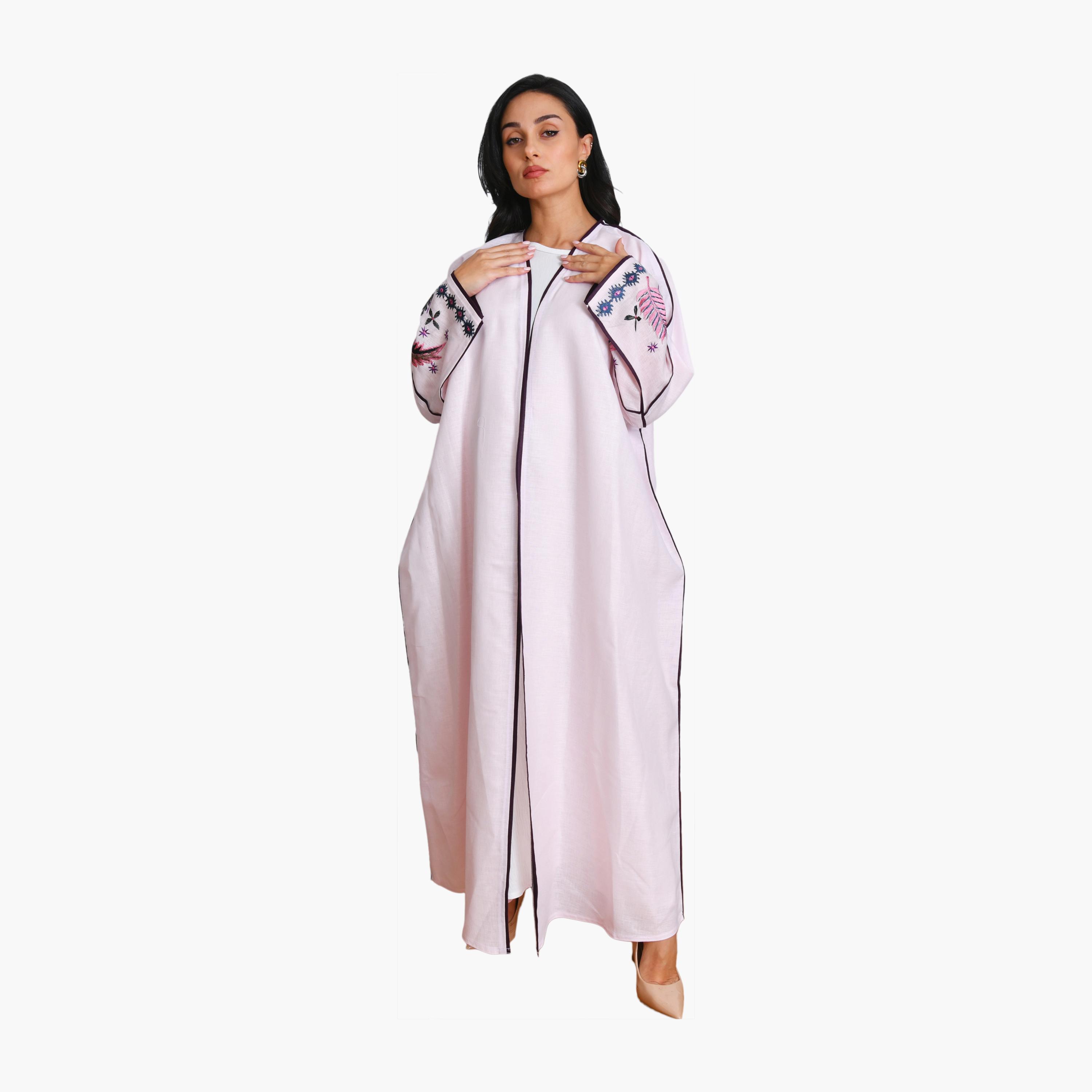 Oya Abaya Pink Embroidered Sleeves Linen Women's Quarter-Cloche Bisht Abaya-women-arabicclothing-abayas-image-1