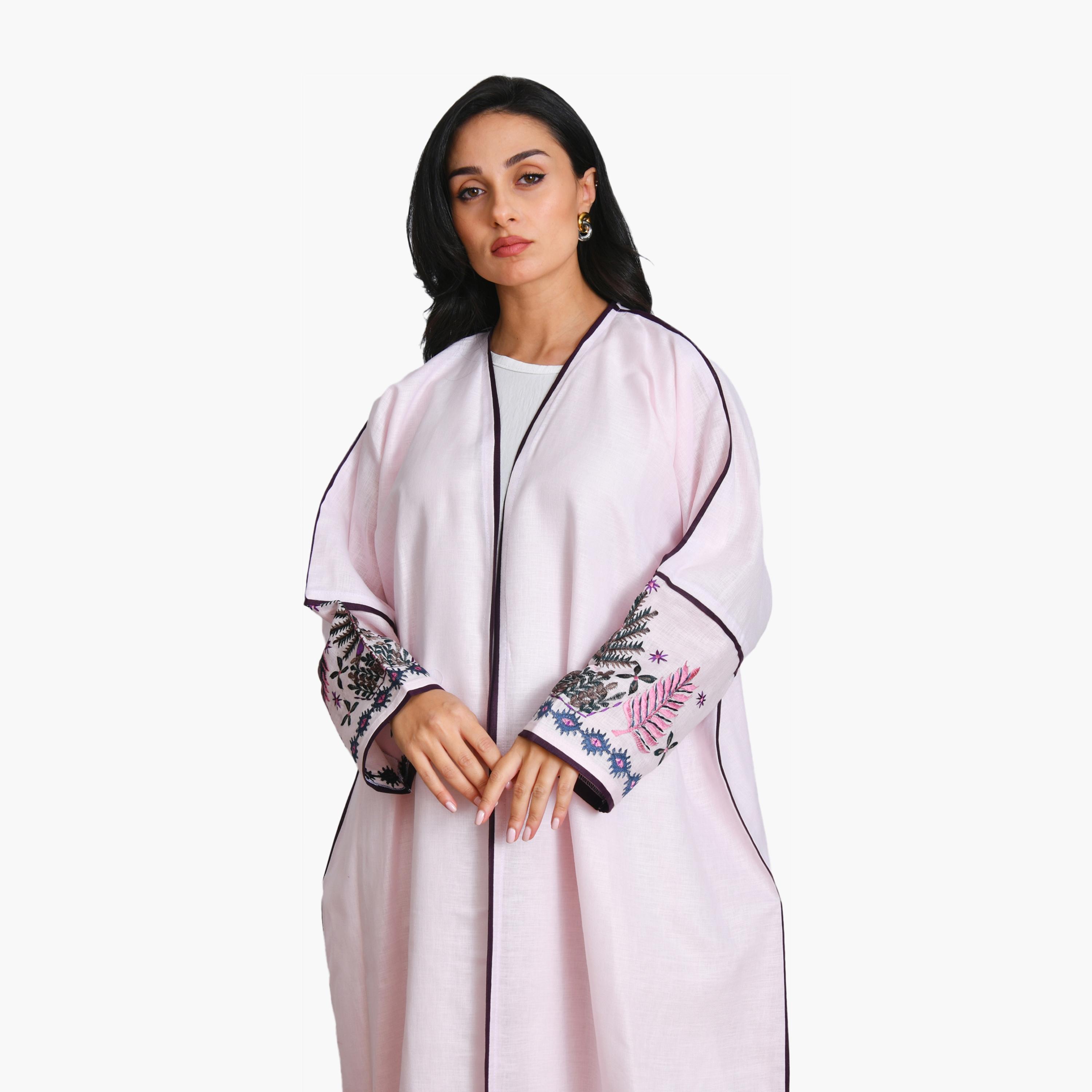 Oya Abaya Pink Embroidered Sleeves Linen Women's Quarter-Cloche Bisht Abaya-women-arabicclothing-abayas-image-2