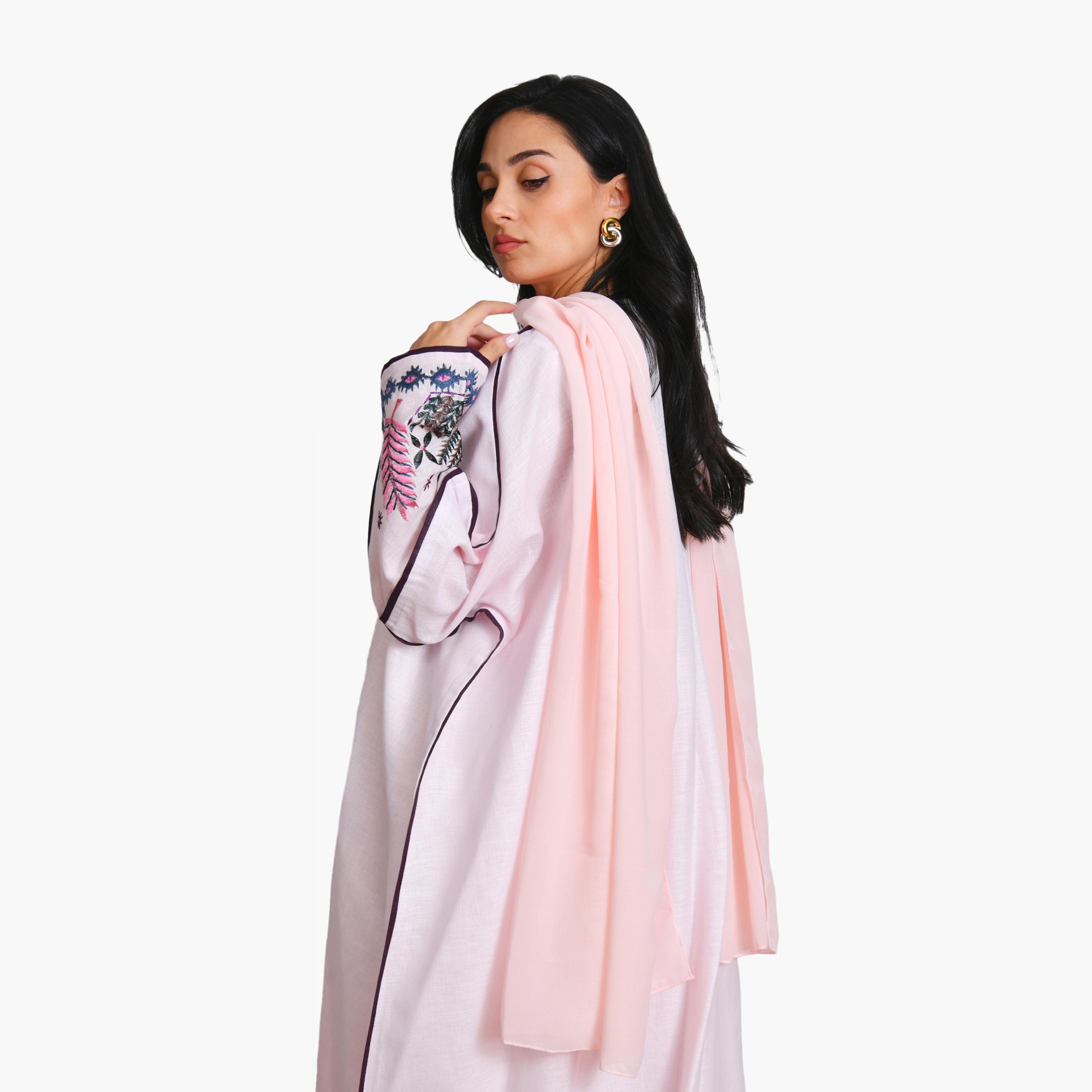 Oya Abaya Pink Embroidered Sleeves Linen Women's Quarter-Cloche Bisht Abaya-women-arabicclothing-abayas-image-3
