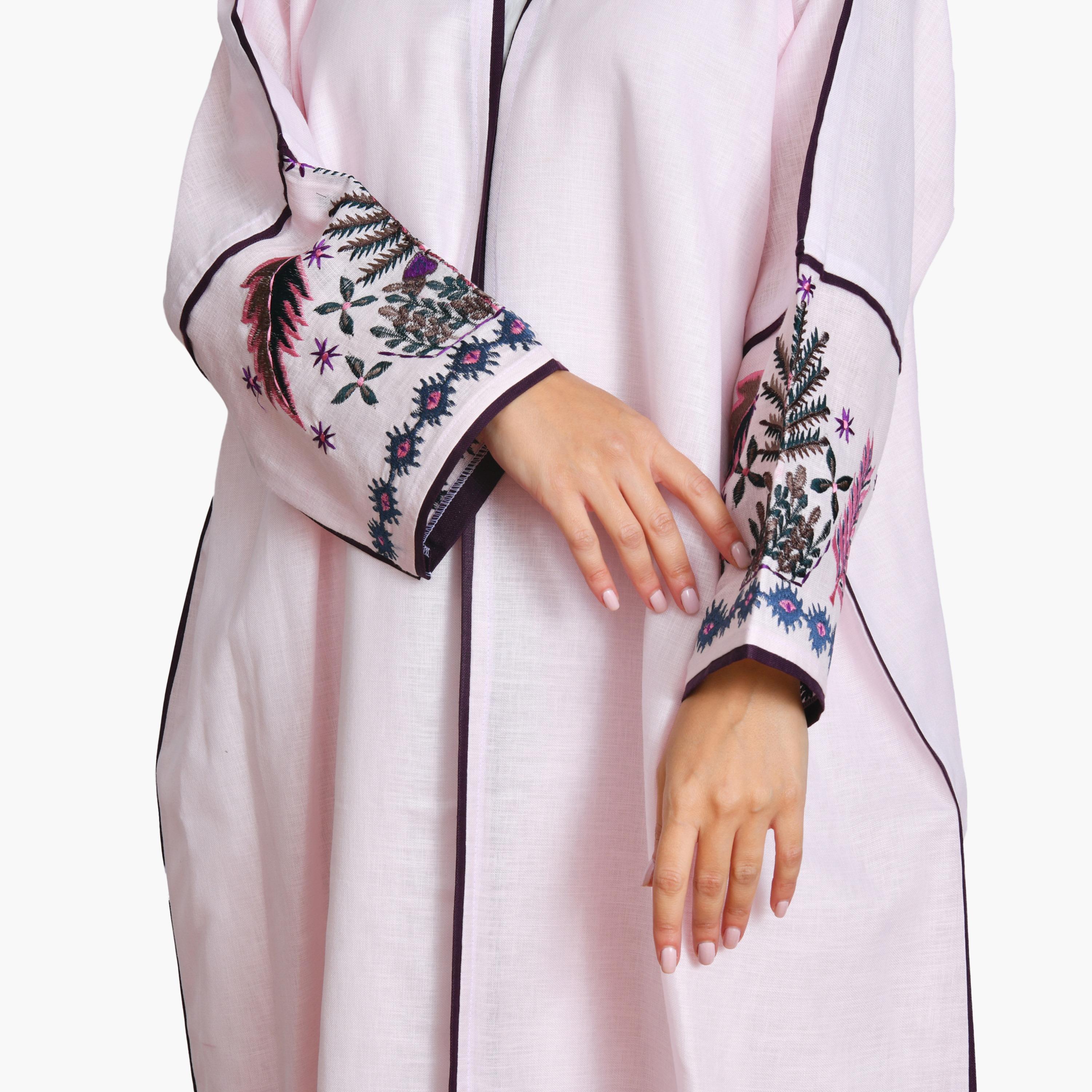 Oya Abaya Pink Embroidered Sleeves Linen Women's Quarter-Cloche Bisht Abaya-women-arabicclothing-abayas-image-4