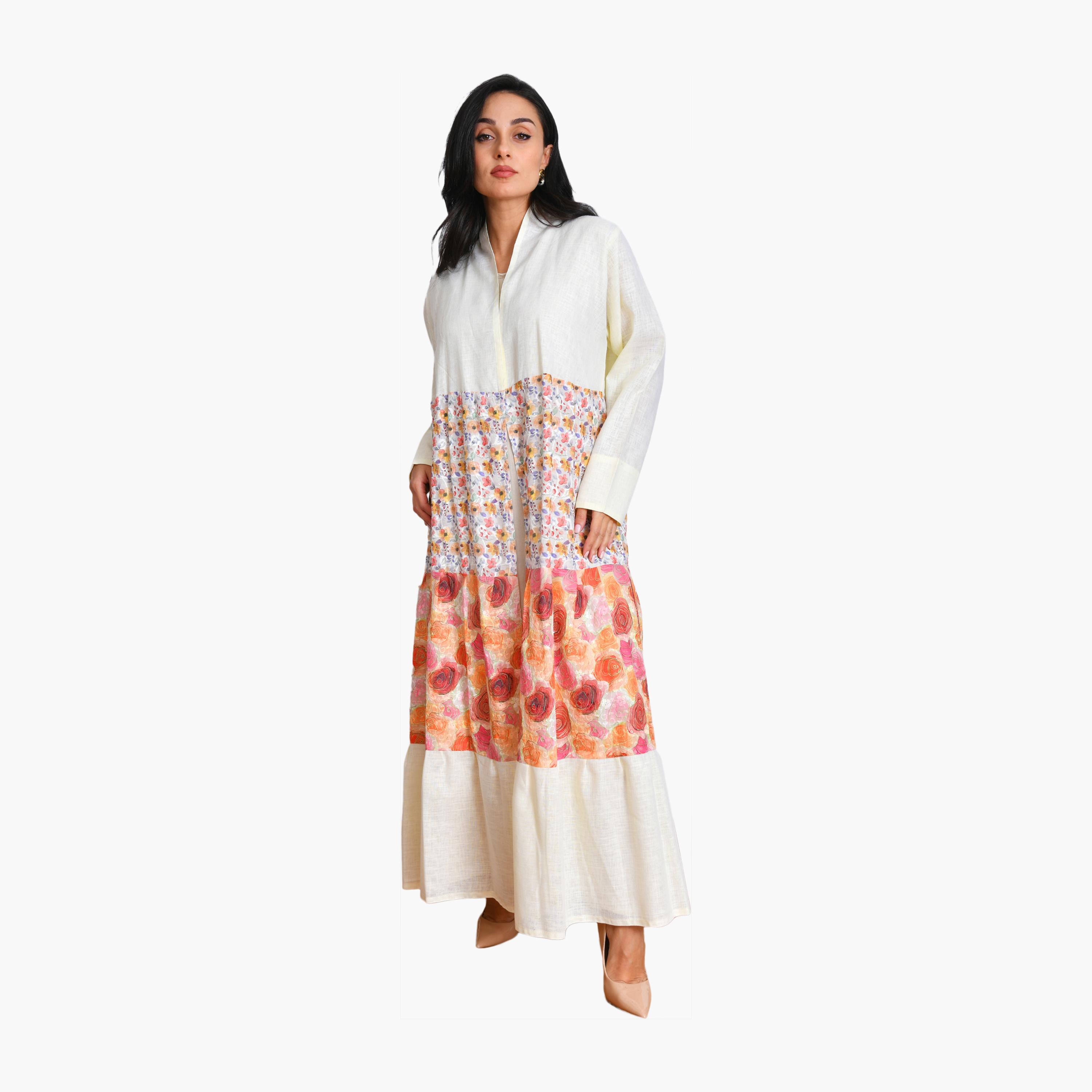 Oya Abaya Multicolour Floral Printed Linen Women's Half-Cloche Abaya with Hijab-women-arabicclothing-abayas-image-1