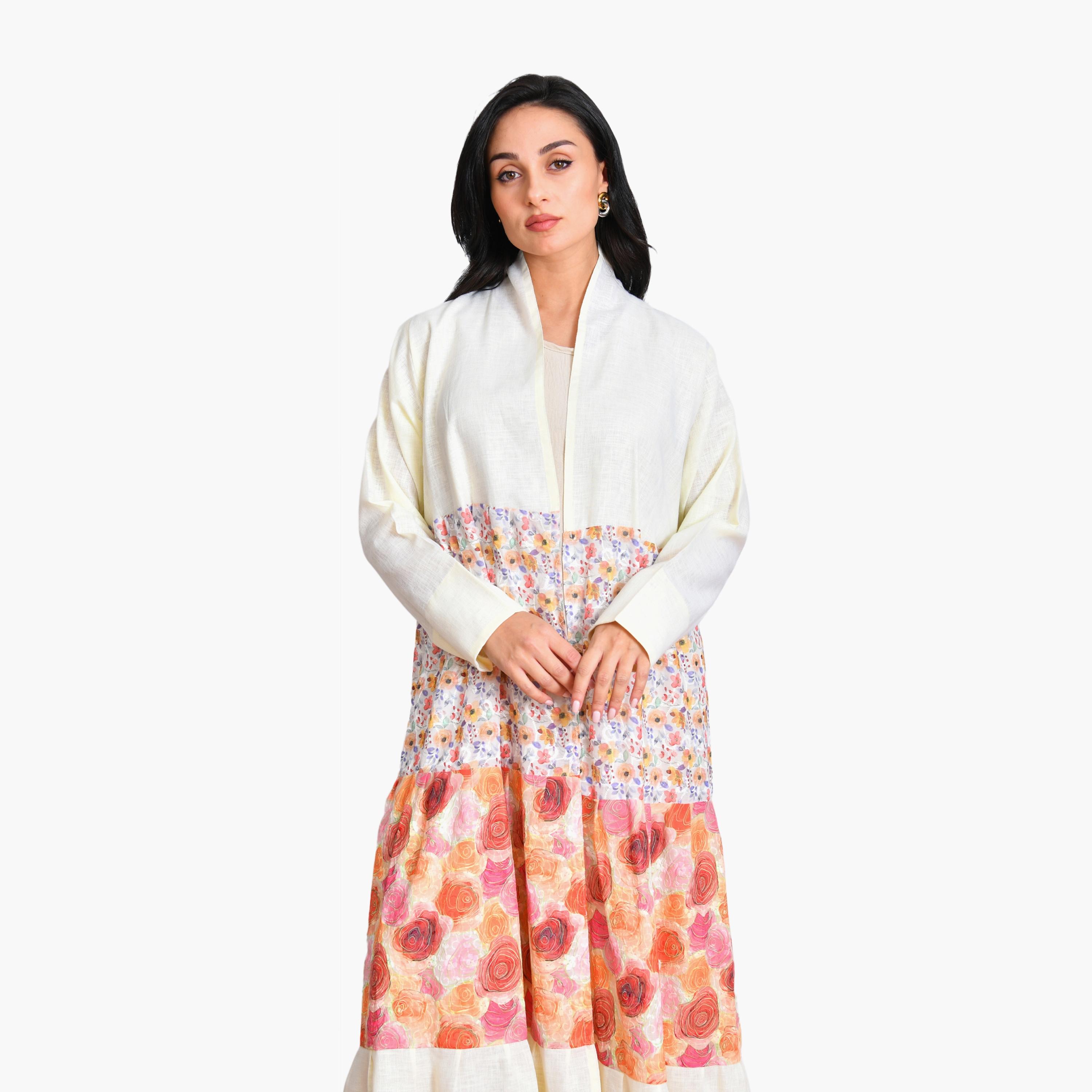 Oya Abaya Multicolour Floral Printed Linen Women's Half-Cloche Abaya with Hijab-women-arabicclothing-abayas-image-3