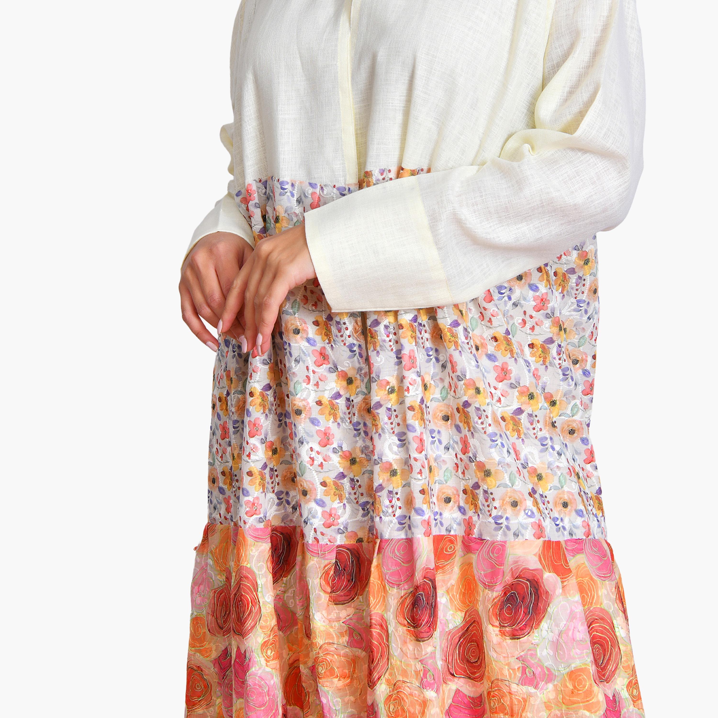 Oya Abaya Multicolour Floral Printed Linen Women's Half-Cloche Abaya with Hijab-women-arabicclothing-abayas-image-4