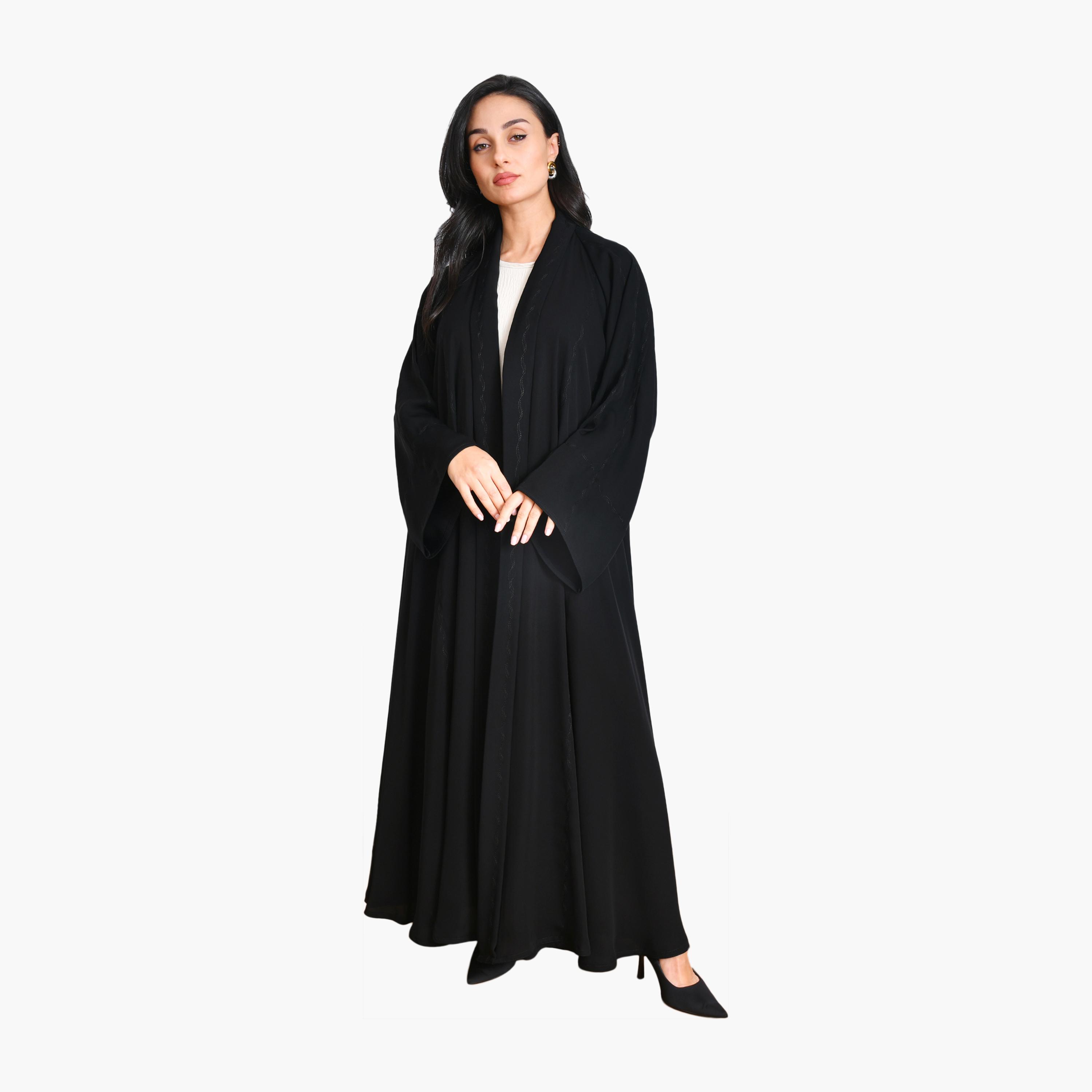 عباية سوداء مطرزة بأكمام واسعة من الكتان للنساء، نصف كلوش من أويا عباية-women-arabicclothing-abayas-image-1