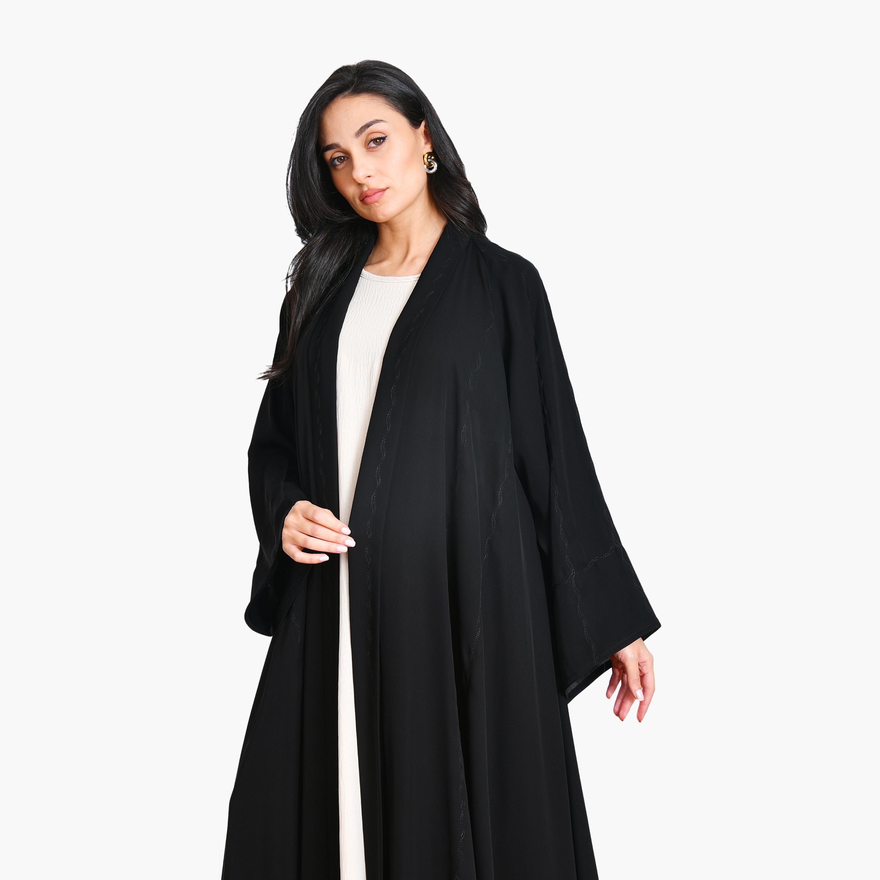 عباية سوداء مطرزة بأكمام واسعة من الكتان للنساء، نصف كلوش من أويا عباية-women-arabicclothing-abayas-image-2