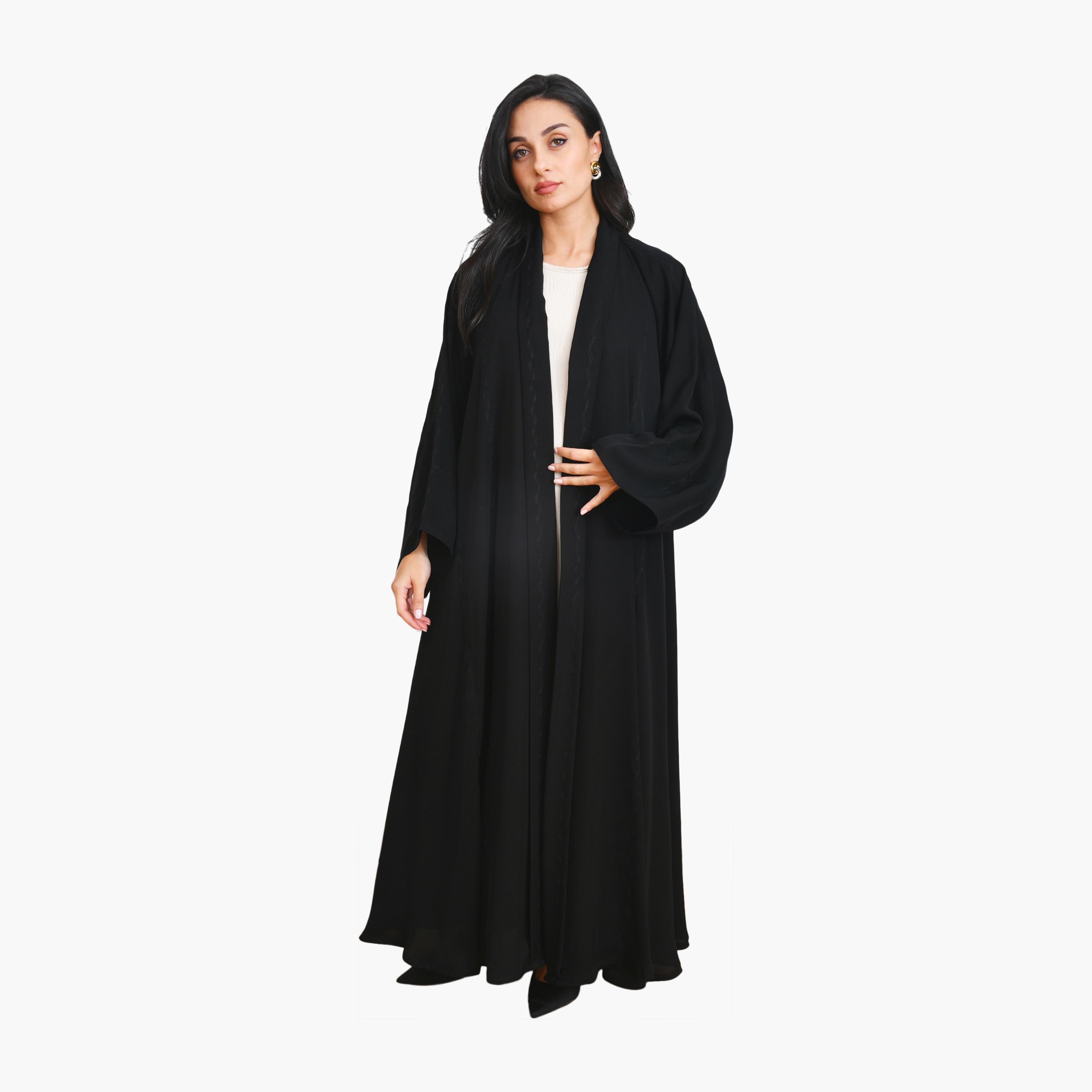 عباية سوداء مطرزة بأكمام واسعة من الكتان للنساء، نصف كلوش من أويا عباية-women-arabicclothing-abayas-image-4