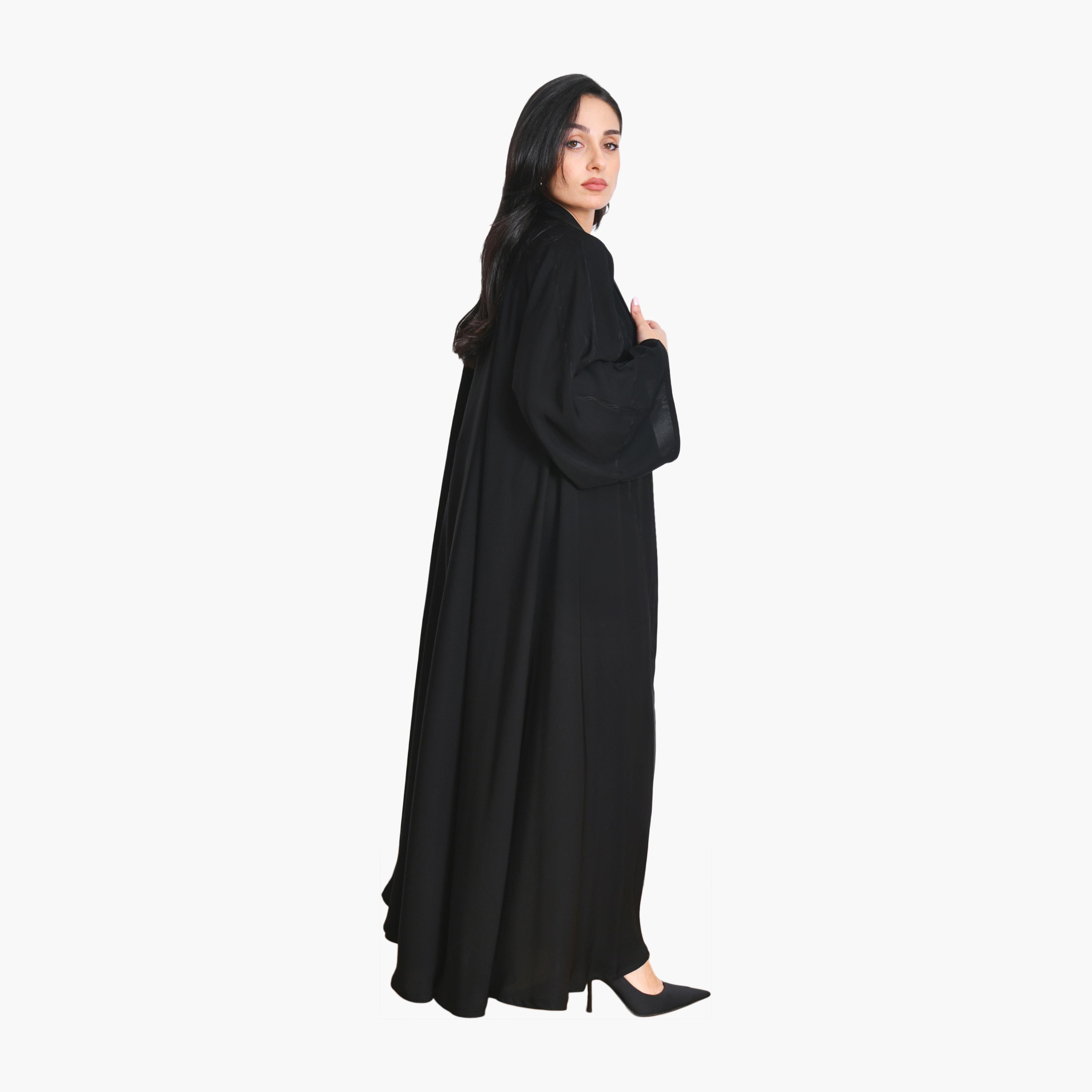 عباية سوداء مطرزة بأكمام واسعة من الكتان للنساء، نصف كلوش من أويا عباية-women-arabicclothing-abayas-image-5