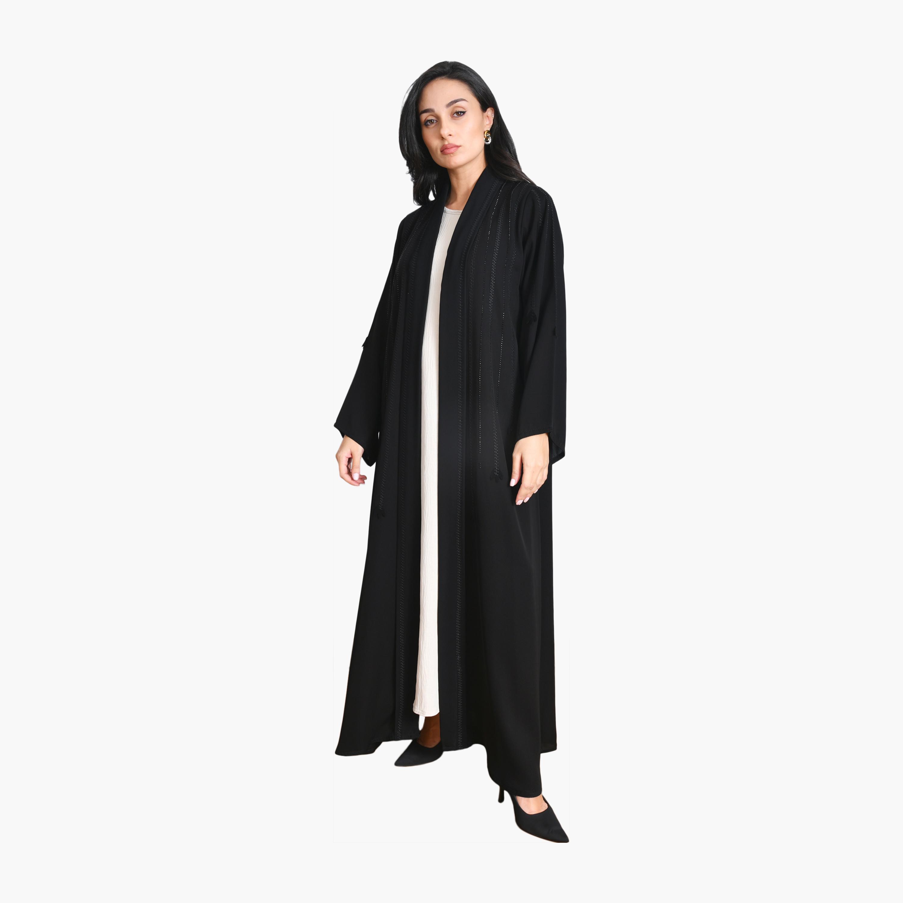 عباية سوداء مطرزة بأكمام واسعة من الكتان للنساء بقصة أنيقة مع حجاب من أويا عباية-women-arabicclothing-abayas-image-1